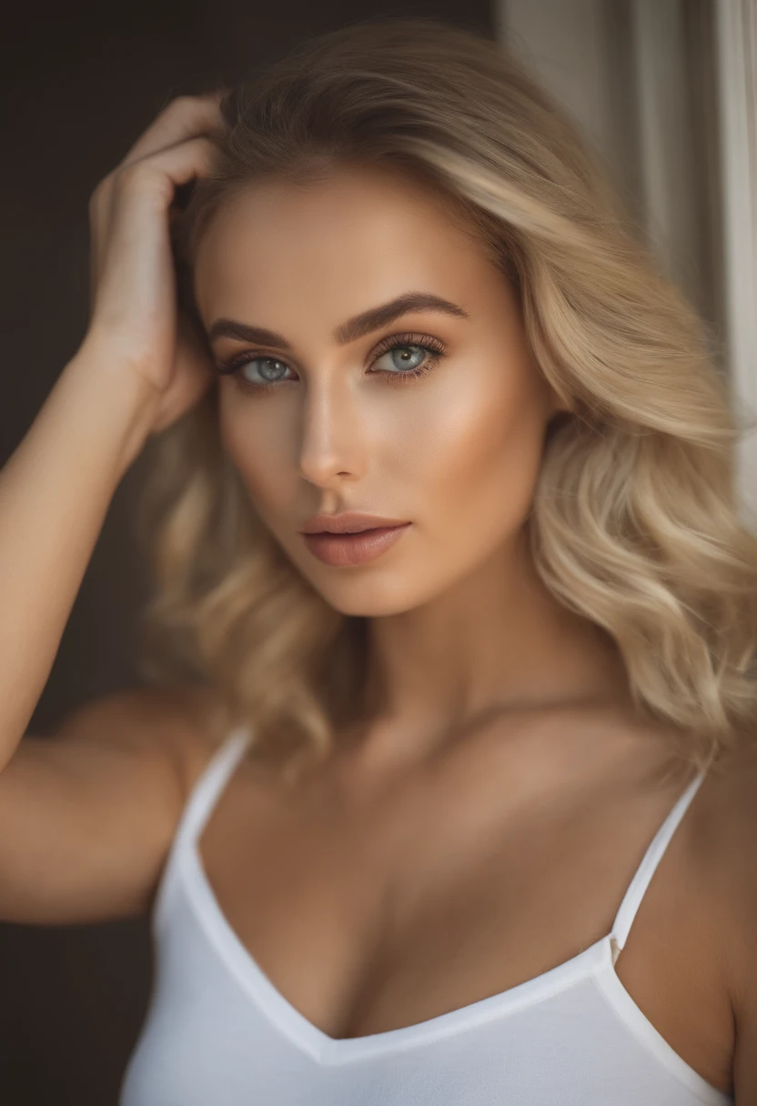 oman with matching tank top and panties, fille sexy aux yeux bleus, Portrait Sophie Mudd, Portrait de Corinna Kopf, cheveux blonds et grands yeux, selfie of a young woman, ohne Maquillage, maquillage naturel, Look directly into the camera, Visage avec Artgram, dezentes Maquillage, Superbe photo du corps entier, dans la chambre, gros seins, Blonde, Latin