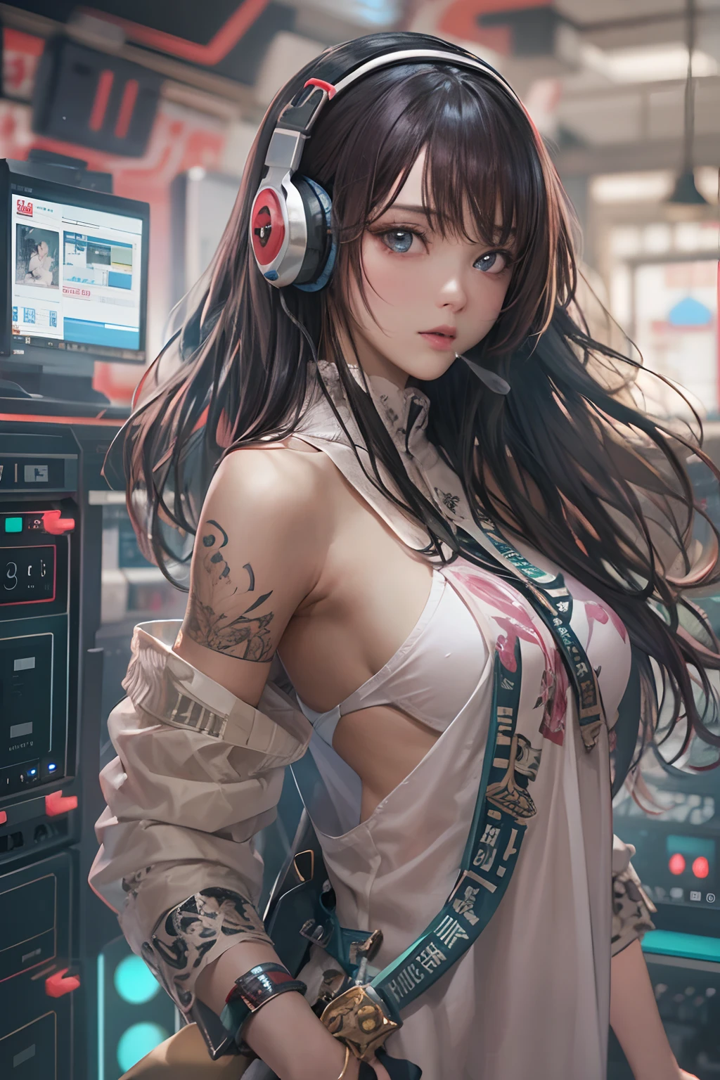 masterpiece, 1 beautiful girl, Detailed eye, Swollen eyes, top-quality, 超A high resolution, (reality: 1.4), 电影灯光, japanes, a asian beauty, very extremely beautiful, Beautiful skins, A slender, Forward-facing body, (A hyper-realistic), (hight resolution), (8K), (ighly detailed), ( Best Illustration), (beautifully detailed eyes), (ultra-detailliert), 详细的脸, Bright lighting, Professional Lighting、The background is a cyberpunk room with a large number of monitors........、The cord is connected from the costume、Long Hair Color Pink、headset on head、small tattoo on face、Female DJ、gazing at viewer