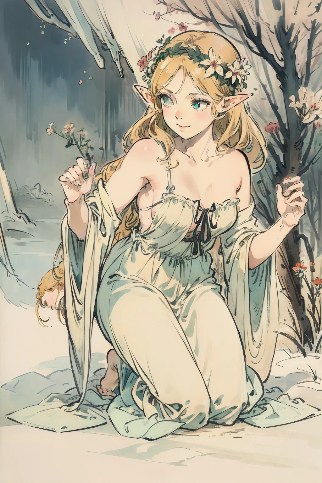 SFW,masutepiece, Best Quality, High resolution, 1girl in, Full body, Details Girl, detail hands, Detail fingers, Detail Face, detail legs, 1girl in, elf, Looking down, Flower Garden, Black sky, smog, watercolor paiting, pale skin, Petite, Blonde hair, Long hair, Wavy Hair, saddened, mournful smile, Green eyes, tareme, medium breasts, white sundress, Bare back, Kneeling, Planting trees