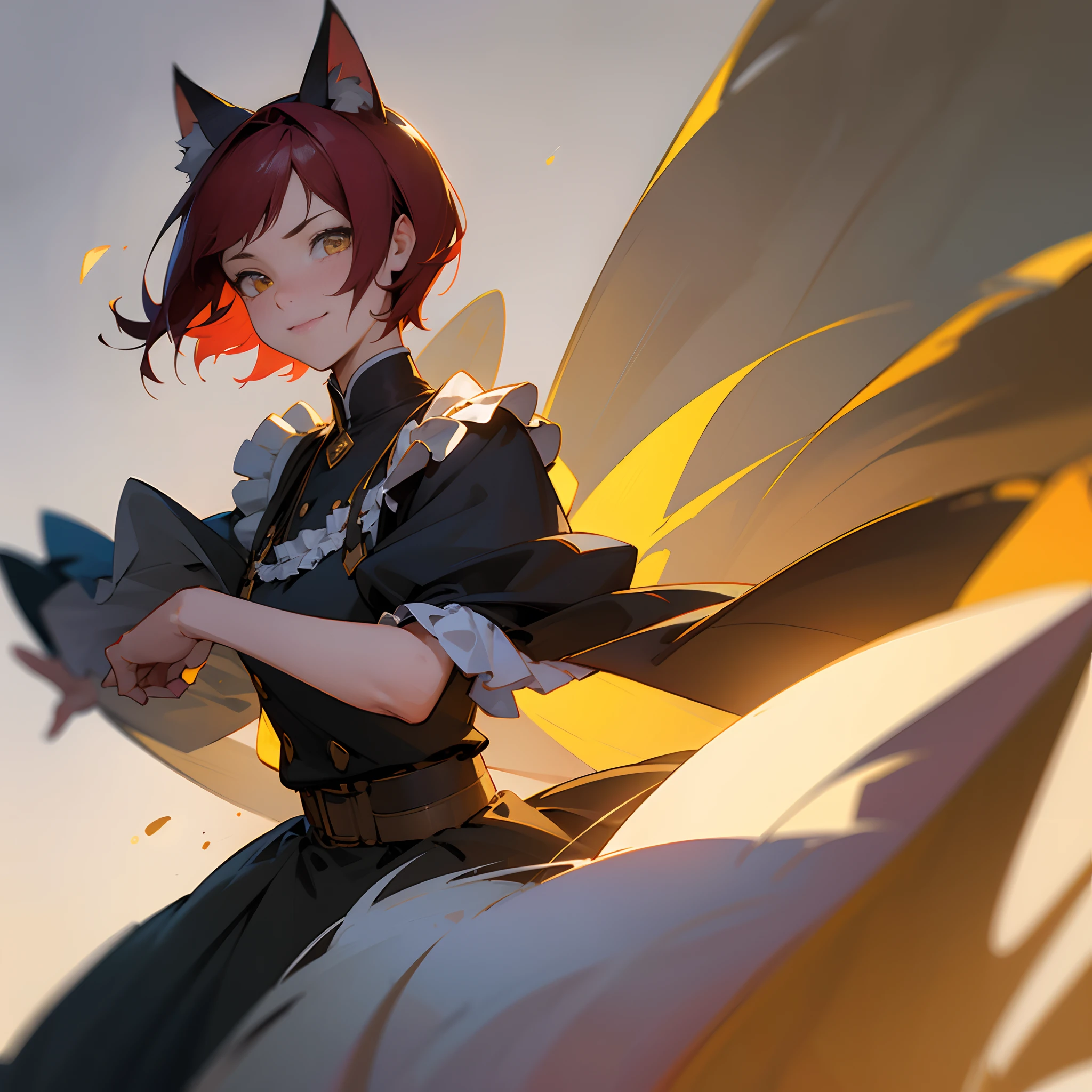 (girl cartoon illustration:1.3, highly detailed cat ears, highly detailed cat tail:1.3, Highly detailed beautiful frills maid clothes), Very fine and beautiful red shortcut hair, Very detailed and beautiful golden eyes, break, extraordinary masterpiece, Highest quality:2, Detail description: 1.3, v-ray rendering:1.3, octane rendering:1.3, convey emotions Portrait, Light and shadow, cinematic lighting, Catchlight Eyes:1.3, color harmony, break, dynamic action, dynamic pose, detailed grassland, shy smile,