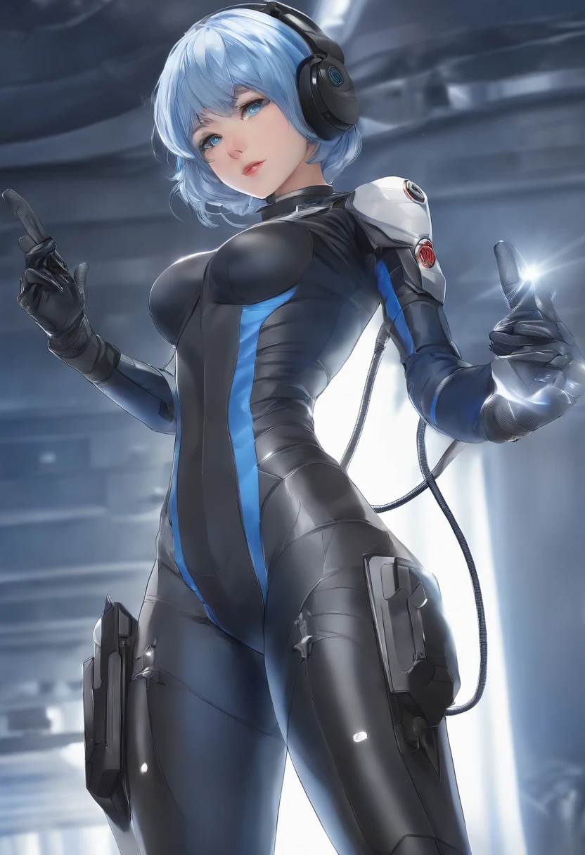 (masterpiece, highest quality, highest resolution, distinct_image, detailed details): (Solo, lone girl, Japan face, blue-haired girl, short hair, full body figure, small size breasts, sparkling blue colored eyes, pilot suit in metallic tone white and blue, black color, tight fit clothes, clothes covering the whole body, beauty, slim body, exoskeleton, knee boots, heroine, supine, Thighs open from side to side, arm-length gloves, headset)