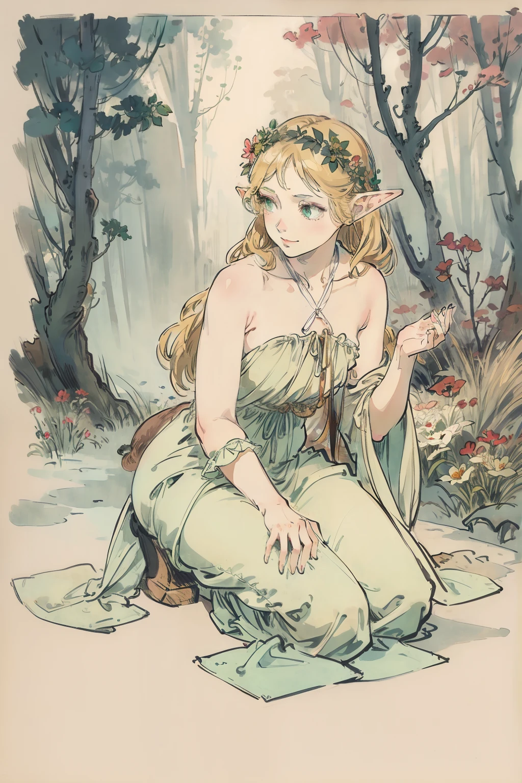 SFW,masutepiece, Best Quality, High resolution, 1girl in, Full body, Details Girl, detail hands, Detail fingers, Detail Face, detail legs, 1girl in, elf, Looking down, Flower Garden, Black sky, smog, watercolor paiting, pale skin, Petite, Blonde hair, Long hair, Wavy Hair, saddened, mournful smile, Green eyes, tareme, medium breasts, white sundress, Bare back, Kneeling, Planting trees