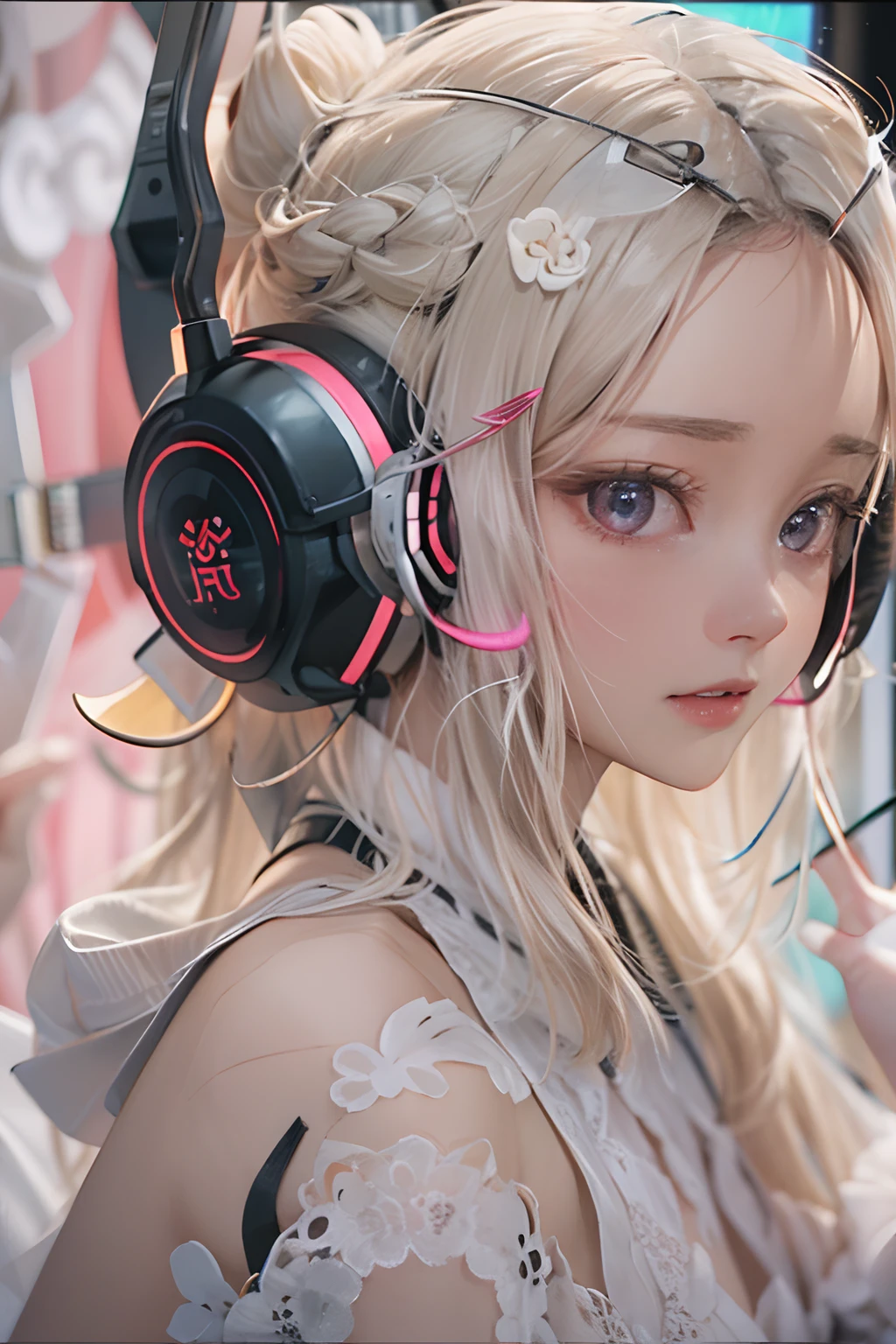 masterpiece, 1 beautiful girl, Detailed eye, Swollen eyes, top-quality, 超A high resolution, (reality: 1.4), 电影灯光, japanes, a asian beauty, very extremely beautiful, Beautiful skins, A slender, Forward-facing body, (A hyper-realistic), (hight resolution), (8K), (ighly detailed), ( Best Illustration), (beautifully detailed eyes), (ultra-detailliert), 详细的脸, Bright lighting, Professional Lighting、The background is a cyberpunk room with many monitors.........、The cord is connected from the costume、Long Hair Color Pink、headset on head、small tattoo on face、Female DJ、gazing at viewer