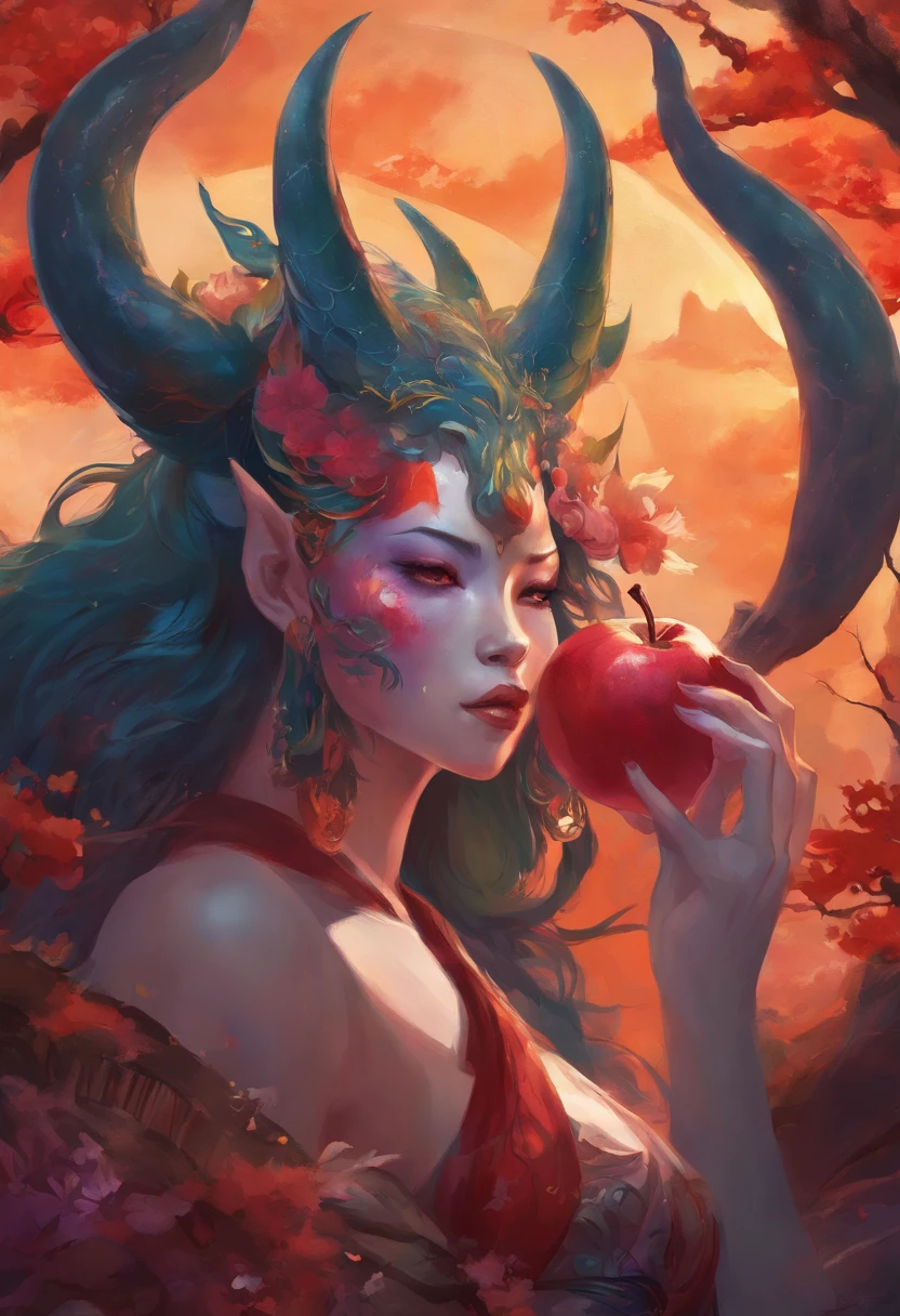 A Japanese anime Oni eating a pear, irritado, corpo perfeito, perfectly we do Cinematic, terror, horror, Bioluminicense vermelha, disco Rigido, Fantaksy sombrio