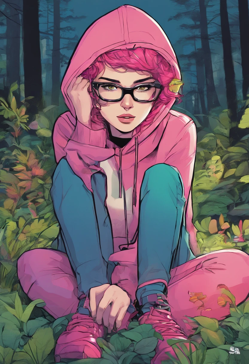 (masterpiece, best quality: 1.2), midnight, forest, dark pink hair, green eyes, pink hoodie, blue jeans, short hair, black eye_glasses, black boots, pale_skin, sleepy, black_earrings, choker, alone, bracelets, 1girl, depressed