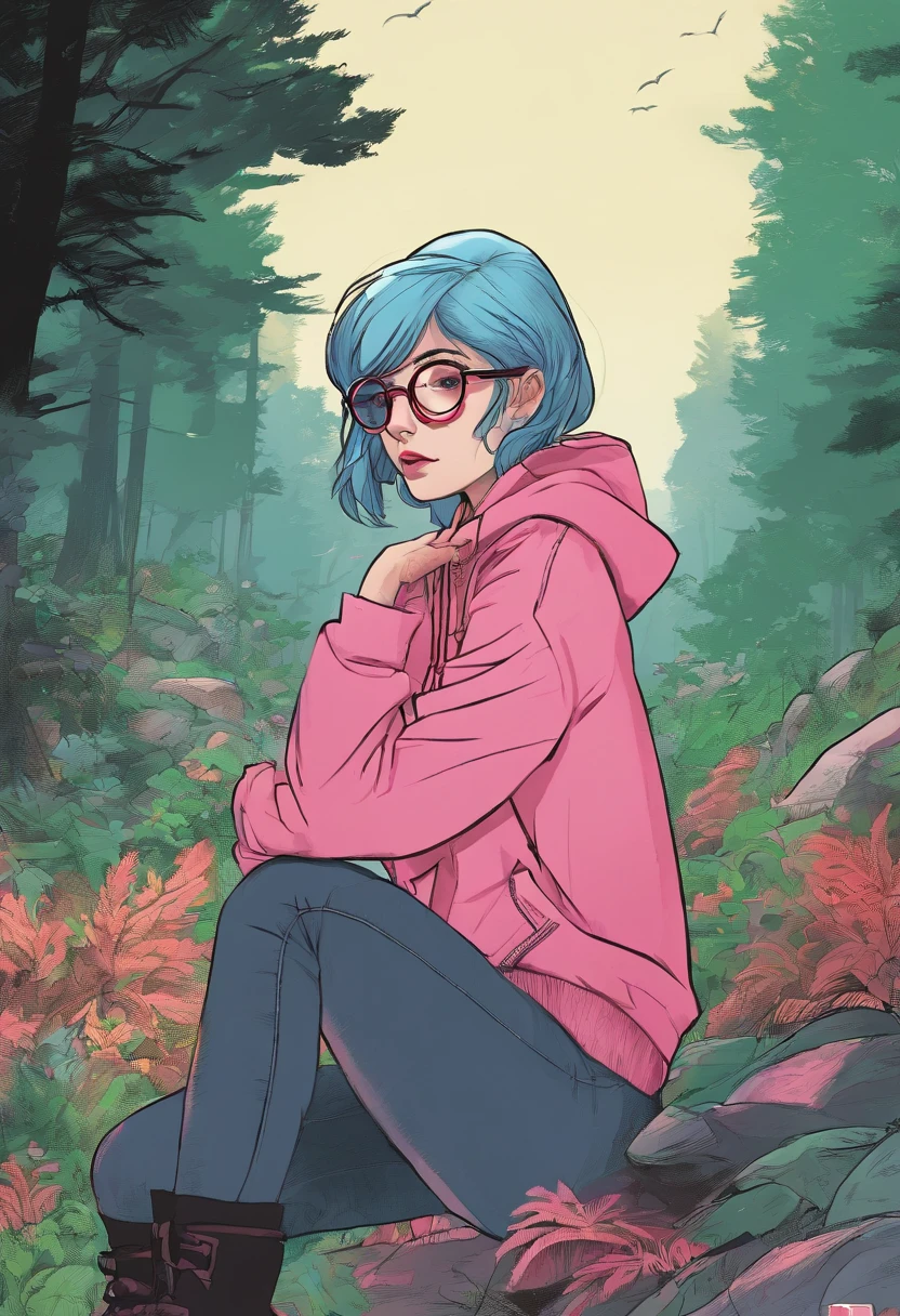 (masterpiece, best quality: 1.2), midnight, forest, dark pink hair, green eyes, pink hoodie, blue jeans, short hair, black eye_glasses, black boots, pale_skin, sleepy, black_earrings, choker, alone, bracelets, 1girl, depressed