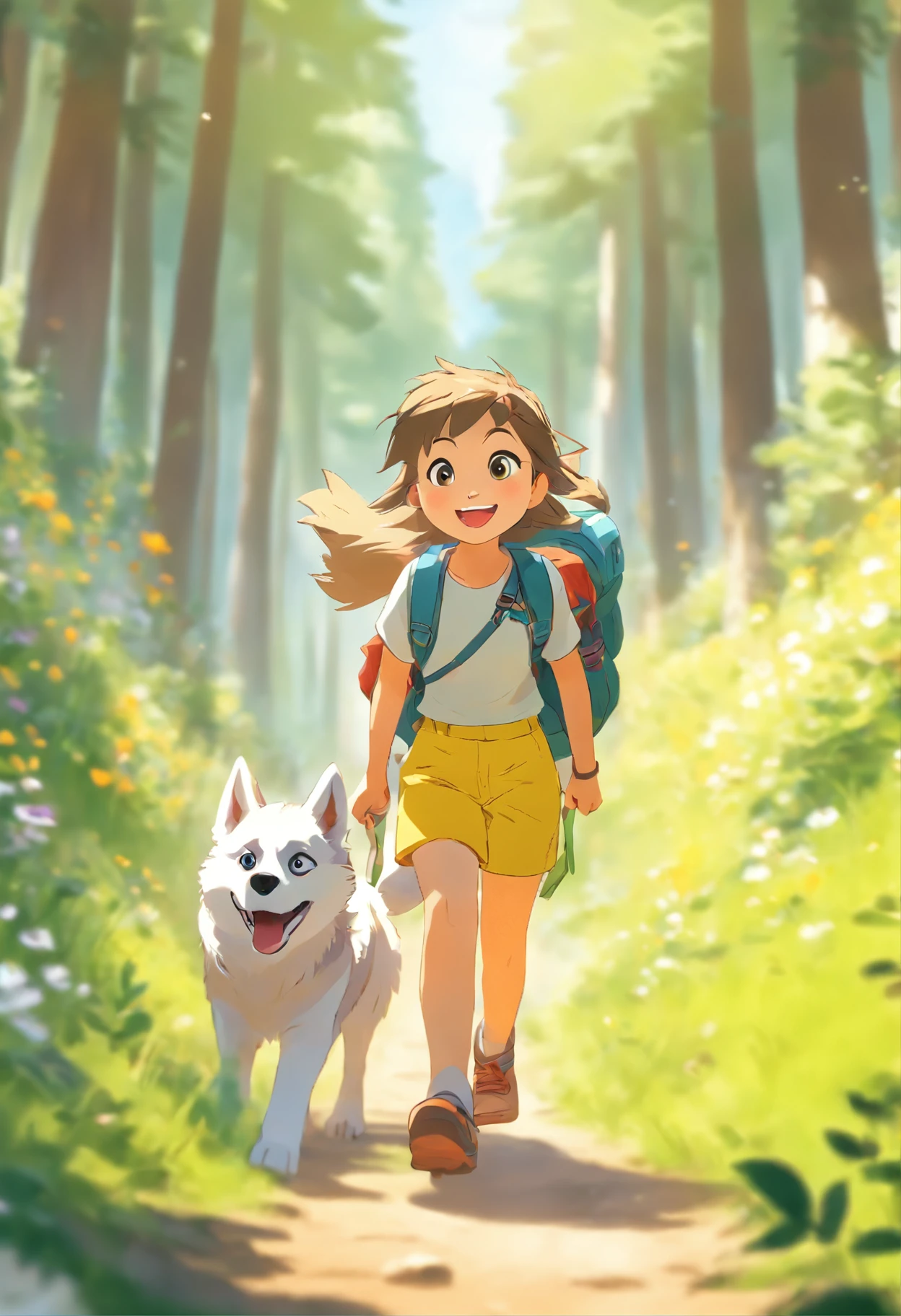 A 6--old l carrying a hiking bag,Wearing a white top, Yellow shorts, happy, Leading a husky on a forest path, Face the lens,, wildflowers, Far Mountain, the woods