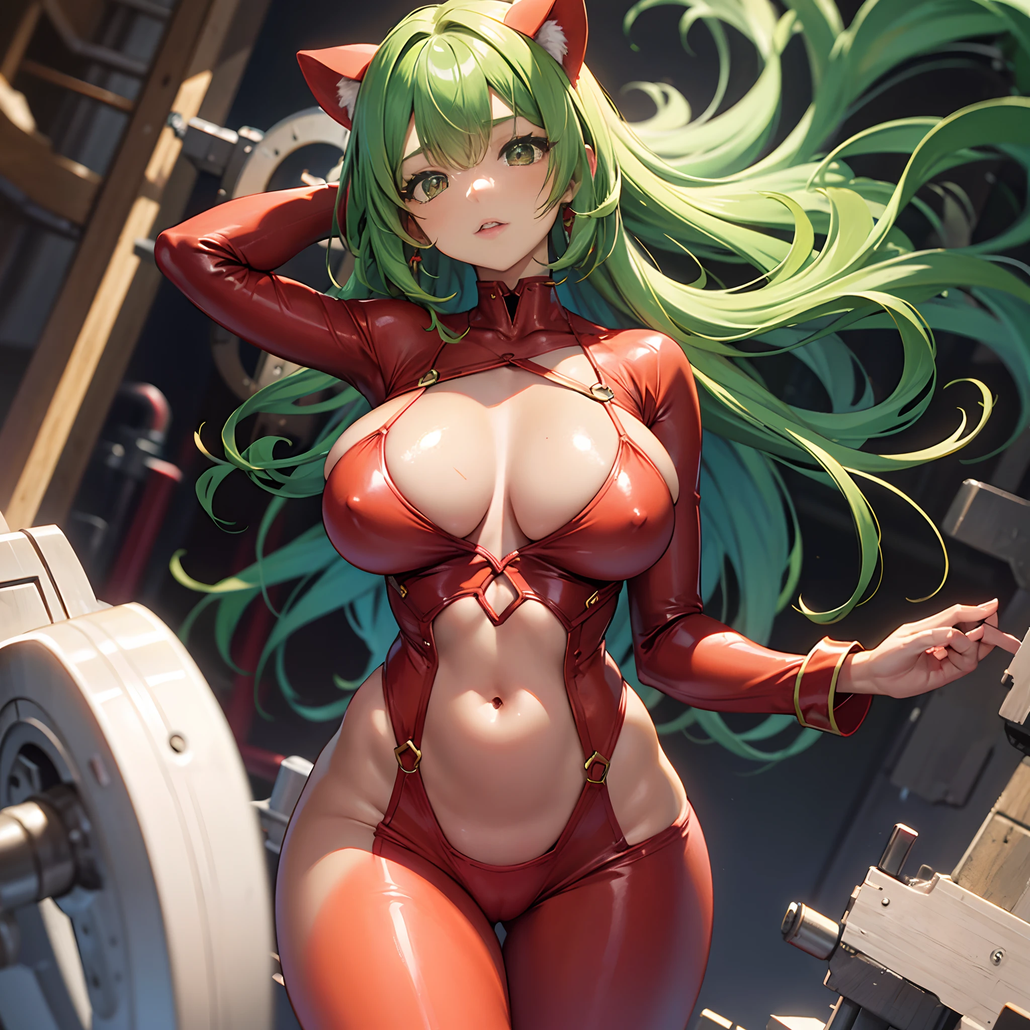 Red Clear Parts Bodysuit, Huge breasts, (a little brown skin), , Green head hair