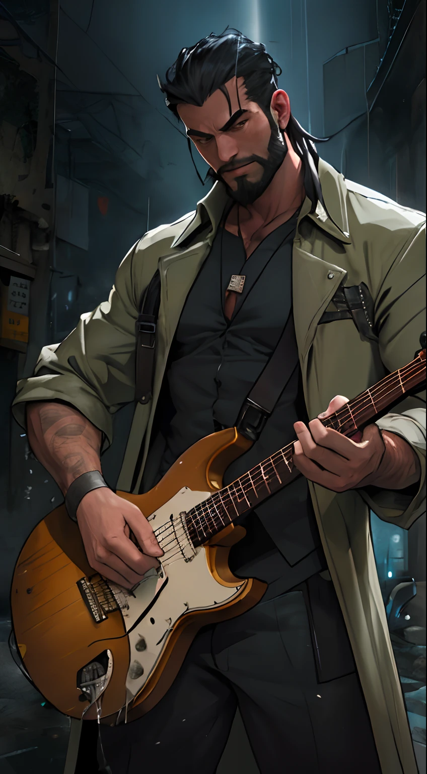There is a man playing the electric guitar on room of ruin, it rains and smoky, midnight blue neon fog, broken glass flame, bonfire of drums are there, he gets wet in the rain, droplets, gigachad muscles, wearing a shoulder-padded dark green trench coat, wearing black dress shirt as inner, muscular men , male art, Eric Clapton, Commission for high resolution, Very heavy vignette!!!,hard ,Nothing is worn, slight laugh,veiny muscles,,shaggy lumpy body,Silver Plate Tag Necklace,Dad with extreme muscle mass,Black little long shaved side hair,Cropped beard face, little laugh, Around 50 years old,tanned brown skin,ultra-detailliert,High quality,Realistic and smooth skin texture,Photorealistic Dandy Guy,Light and shadow