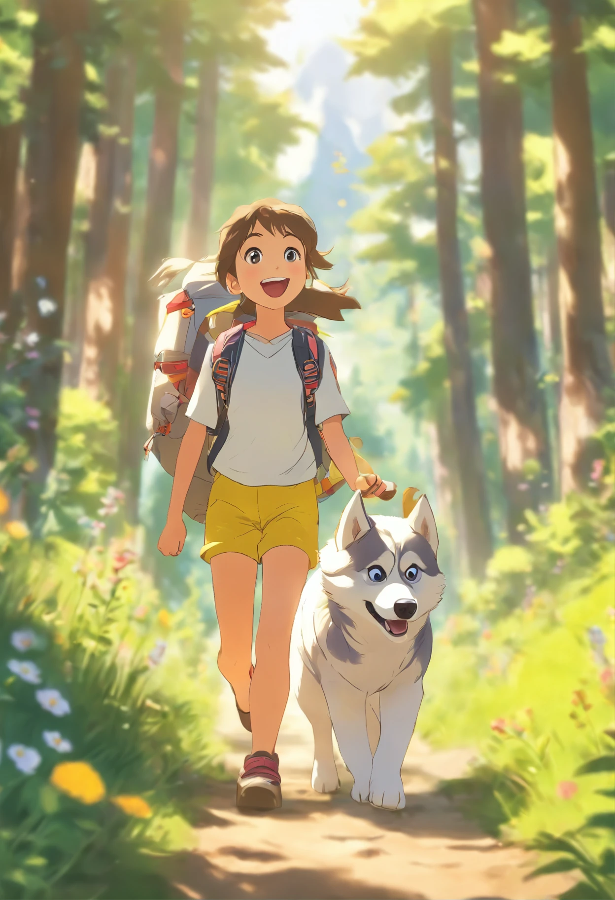 A 6--old l carrying a hiking bag,Wearing a white top, Yellow shorts, happy, Leading a husky on a forest path, Face the lens,, wildflowers, Far Mountain, the woods