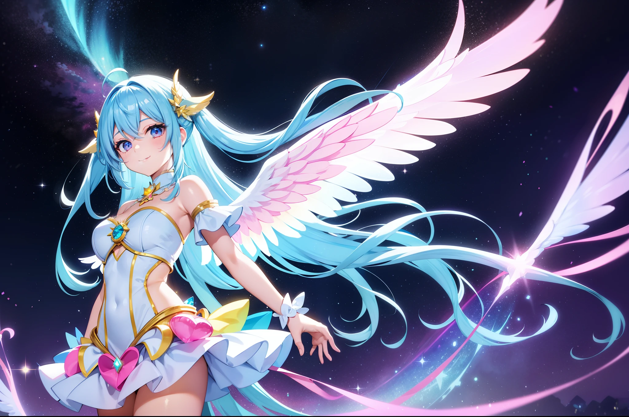 Super Idol a beauty girl A charming smile sky blue hair length hair Twin-tailed Glittery bright pink and white and blue and yellow outfit facing front Big wings of angel 7 colors on the back Mystical Fantasia constellation a moon Crystal Brilliance Aurora Borealis in the Night Sky Angelic aura