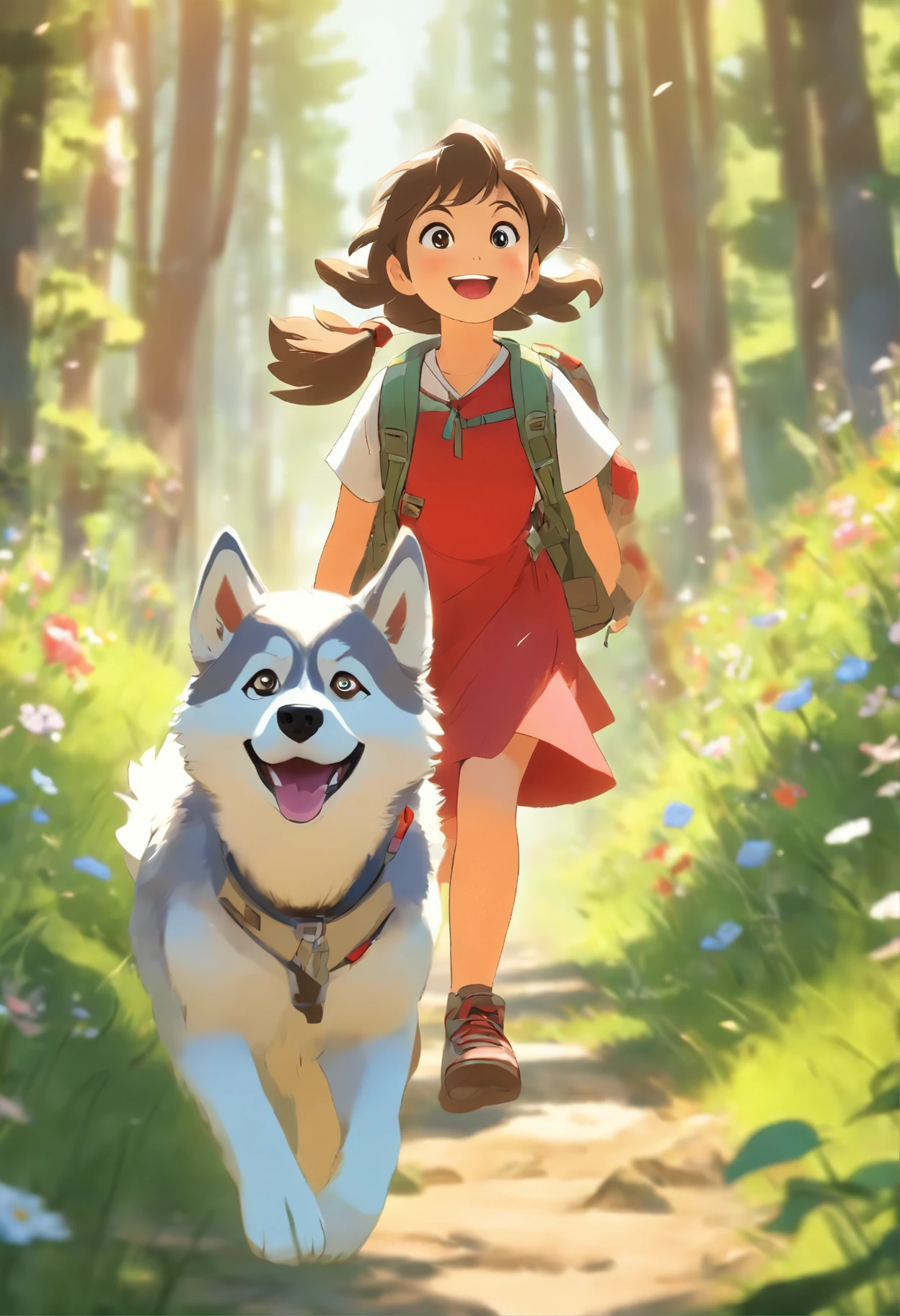 A 6--old l carrying a hiking bag,Wearing a white top,short red dress, happy, Leading a husky on a forest path, Face the lens,, wildflowers, Far Mountain, the woods