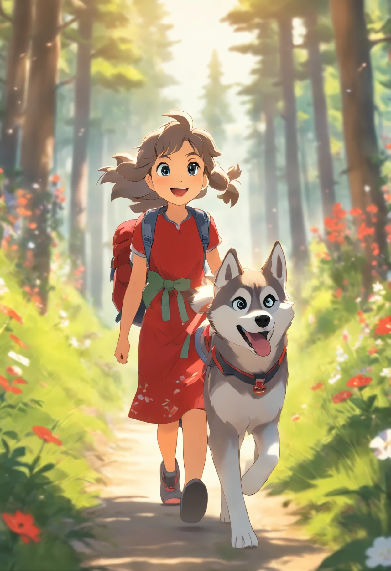 A 6--old l carrying a hiking bag,Wearing a white top,short red dress, happy, Leading a husky on a forest path, Face the lens,, wildflowers, Far Mountain, the woods