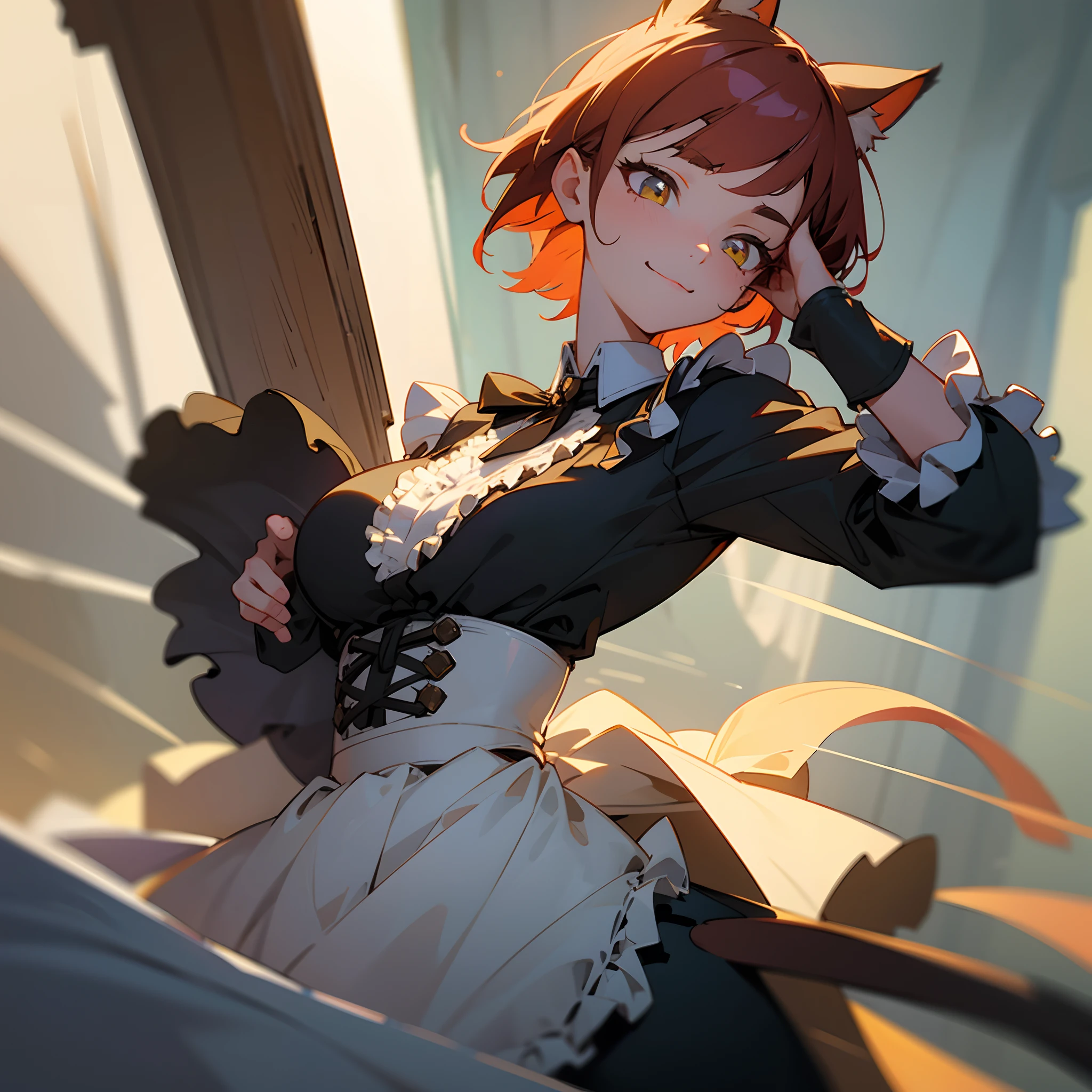 (girl cartoon illustration:1.3, highly detailed cat ears, highly detailed cat tail:1.3, Highly detailed beautiful frills maid clothes), Very fine and beautiful red shortcut hair, Very detailed and beautiful golden eyes, break, extraordinary masterpiece, Highest quality:2, Detail description: 1.3, v-ray rendering:1.3, octane rendering:1.3, convey emotions Portrait, Light and shadow, cinematic lighting, Catchlight Eyes:1.3, color harmony, break, dynamic action, dynamic pose, detailed grassland, shy smile,