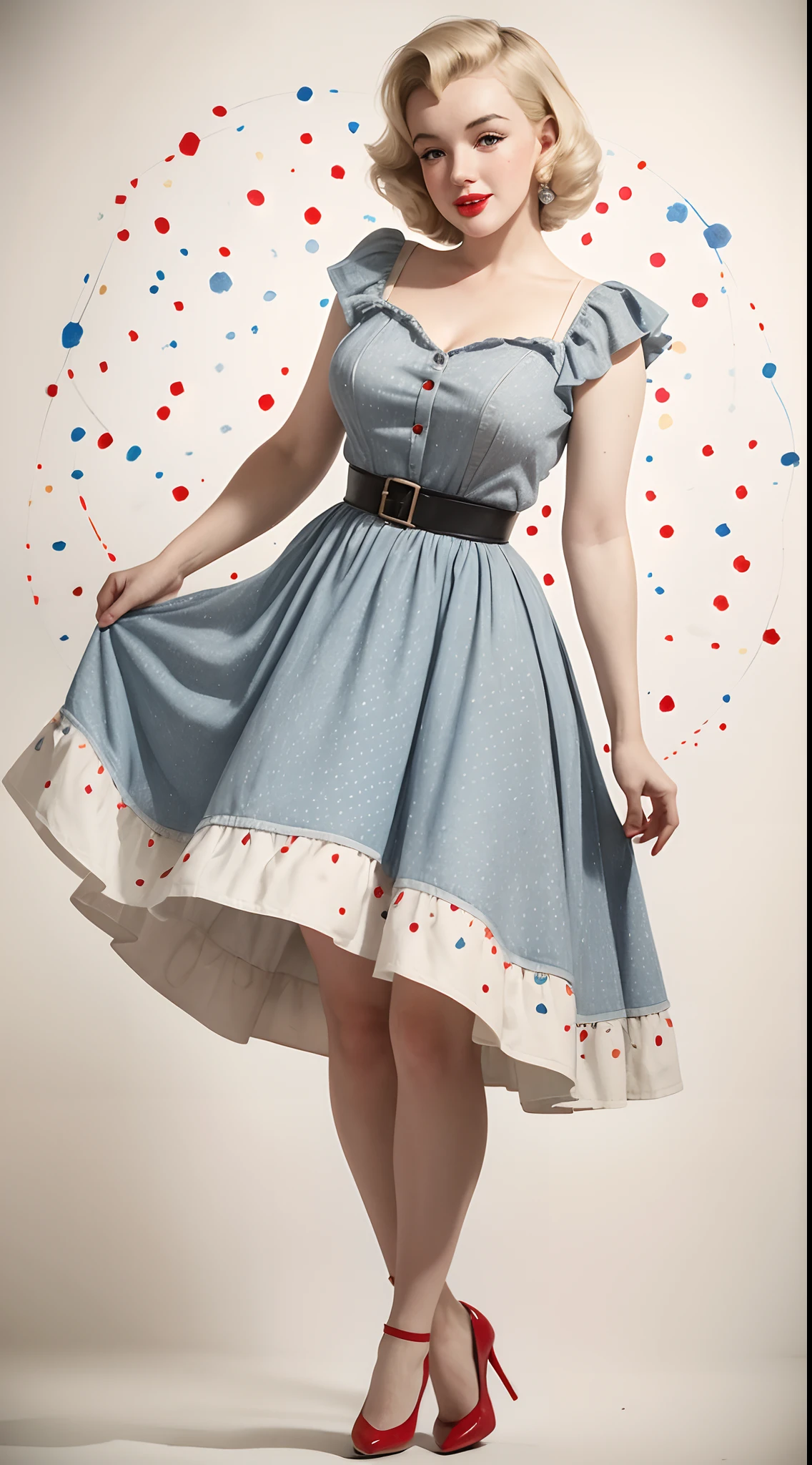 1950s Watercolor, Pen and Ink, 25 yo Marilyn Monroe in retro fashion,full body shot, depiction of rural life, light gray and light brown and red and white and blue, in the style of classical Americana, mottled, playful innocence, dotted, cutout from white background, in the style of Norman Rockwell, masterpiece art work,