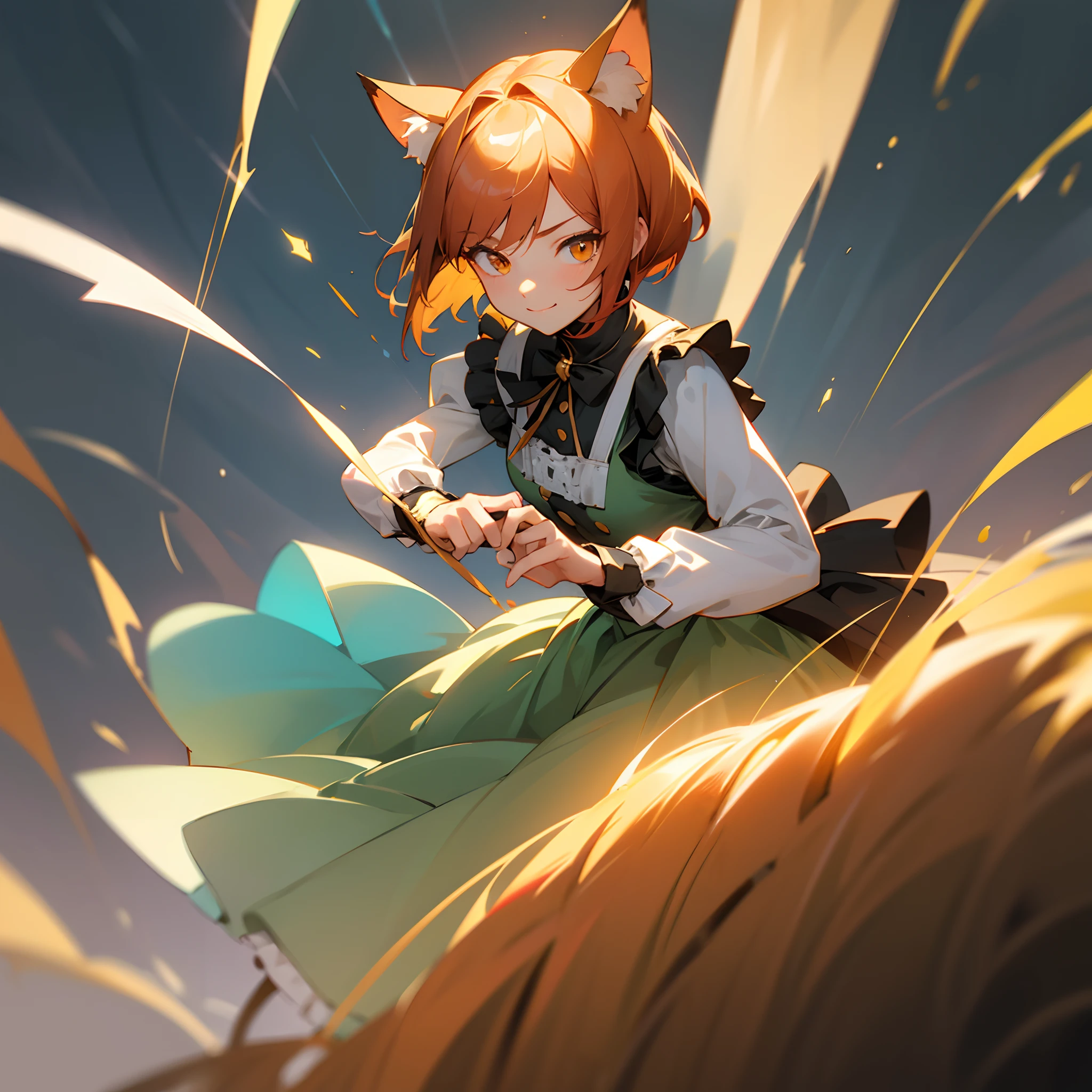 (girl cartoon illustration:1.3, highly detailed cat ears, highly detailed cat tail:1.3, Highly detailed beautiful frills maid clothes), Very fine and beautiful red shortcut hair, Very detailed and beautiful golden eyes, break, extraordinary masterpiece, Highest quality:2, Detail description: 1.3, v-ray rendering:1.3, octane rendering:1.3, convey emotions Portrait, Light and shadow, cinematic lighting, Catchlight Eyes:1.3, color harmony, break, dynamic action, dynamic pose, detailed grassland, shy smile,