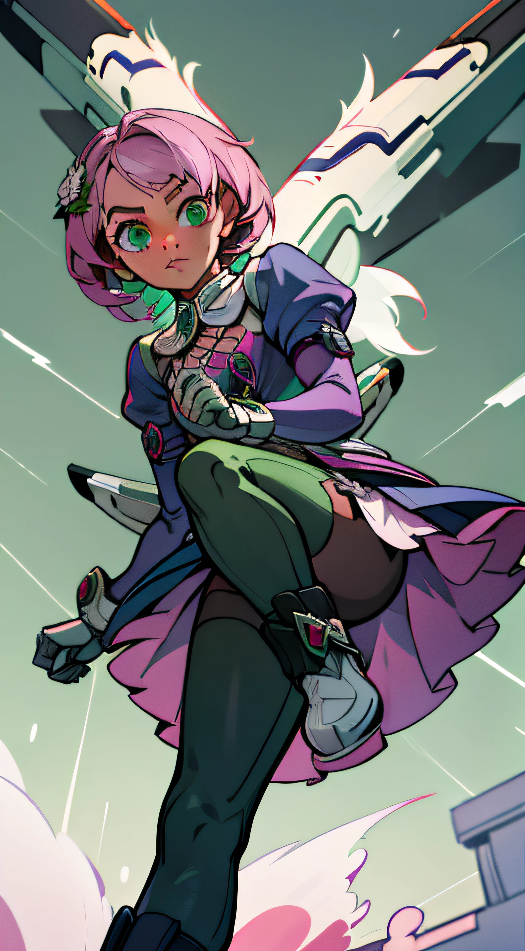 Alisa Rosto bonito, perspectiva, the viewer between the legs of the girl on the foot, olha para o espectador debaixo dela, pernas close-up, anatomia correta, Perfect green symmetrical eyes, cabelo curto rosa multicor, mechanical wings, tekken