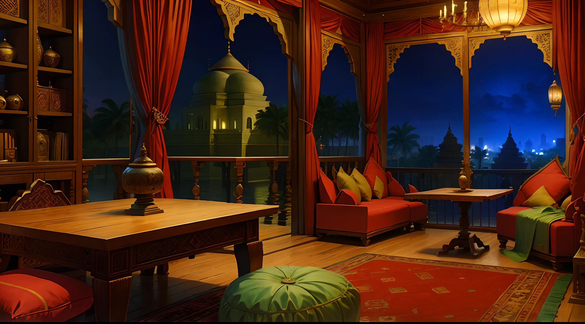 Hookah Room, Southeast Asia, 15th cenutry, medieval age, interior, mixture of muslim and indian and Southeast Asia budiling style, outside the mansion is Southeast Asia river jungle, muslim carpet, muslim element in architecture, Indo-Islamic architecture element in archiecture, humid and wet, wooden furniture, leisurement