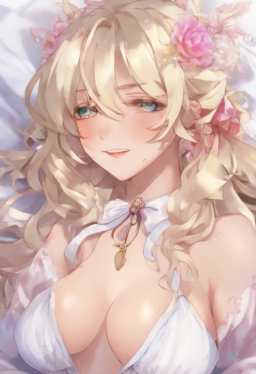 1chica, solamente, Afrodita, cabello rubio, adornos para el cabello, flores en el cabello, pechos enormes, dress shirt, escote, cuello, pulseras doradas, obra maestra, mejor calidad, colores vibrantes, NSFW, oversized gigantic breast, Mujer completamente madura, ojos azules, Cabello largo, Lugurian face, white panties, on a bed, bottom room,
