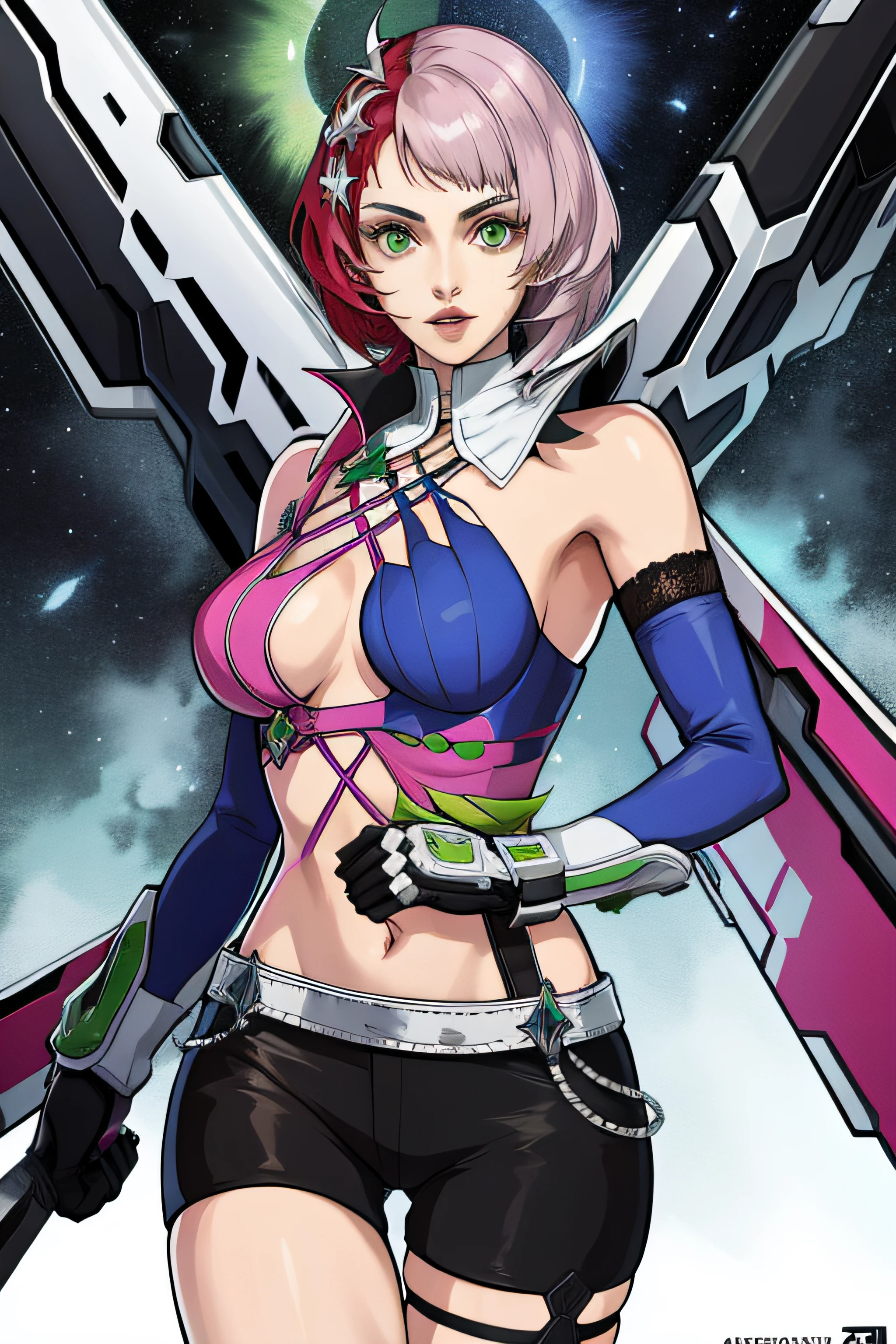 Alisa Rosto bonito, Perfect green symmetrical eyes, cabelo curto rosa multicor, mechanical wings, tekken