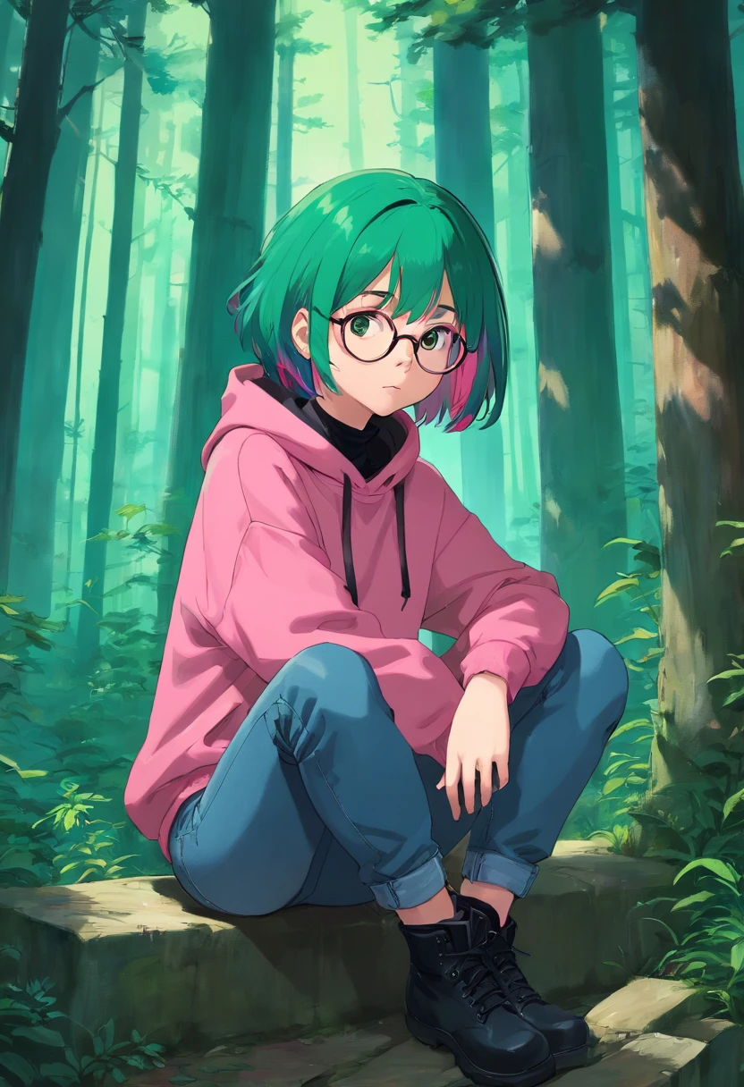 (masterpiece, best quality: 1.2), midnight, forest, dark pink hair, green eyes, pink hoodie, blue jeans, short hair, black eye_glasses, black boots, pale_skin, sleepy, black_earrings, choker, alone, bracelets, 1girl, depressed