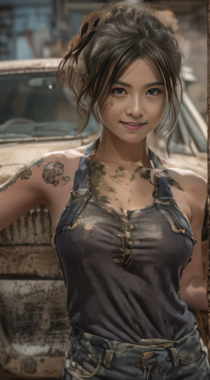 ((Best quality)), ((Masterpiece)), (Detailed), A charming and seductive female mechanic covered in grease,confident smile
， (Dirty and rough charm:1.2), (Tough and confident demeanor:1.1), (Mechanical expertise:1.3), Disheveled hair, smudged face，With a playful smile, Stained overalls clinging to her curves, (Tenacious trading tools:1.2), Cluttered repair shop, Scattered car parts, (Authentic car atmosphere:1.2), (Strong gaze:1.1), Dirty hands with a wrench, 8K resolution,looking at another, looks away,( tattoo:1.2), Masterpiece, Best quality,Photorealistic, Ultra-high resolution, Photographic light