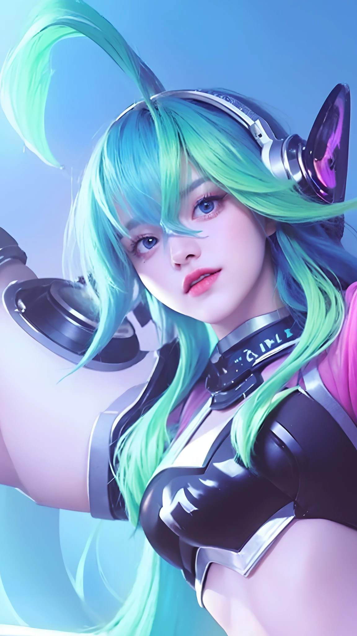 A close up of a person with a green hair and a cat ear - SeaArt AI