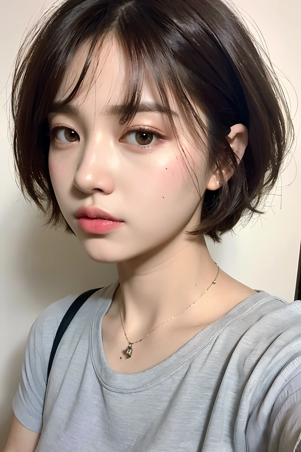 ((Best quality, 8k, Masterpiece :1.3)), full body, 1 adorable girl, youthful, (short hairstyles), tomboy outfit :1.aesthetic selfie, Ultra-detailed face, Detailed eyes, Double eyelid, doe-eyed, aesthetic pose, (random aesthetic background)