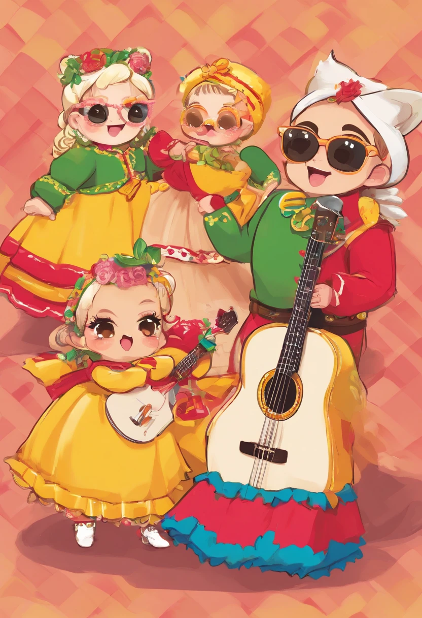 A small group of ajototes playing music dressed as mariachis and the Mexican flag in the background