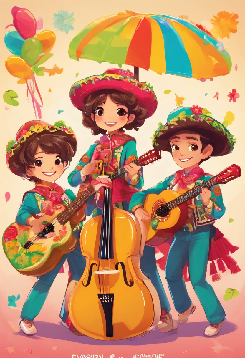 A small group of ajototes playing music dressed as mariachis and the Mexican flag in the background