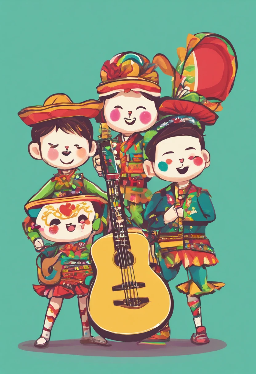 A small group of ajototes playing music dressed as mariachis and the Mexican flag in the background