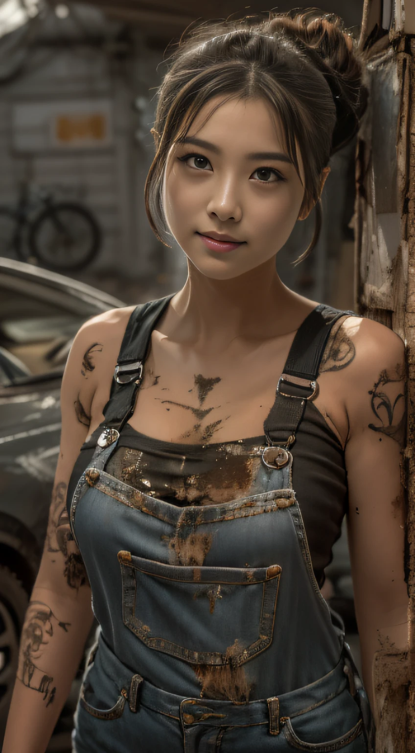 ((Best quality)), ((Masterpiece)), (Detailed), A charming and seductive female mechanic covered in grease,confident smile
， (Dirty and rough charm:1.2), (Tough and confident demeanor:1.1), (Mechanical expertise:1.3), Disheveled hair, smudged face，With a playful smile, Stained overalls clinging to her curves, (Tenacious trading tools:1.2), Cluttered repair shop, Scattered car parts, (Authentic car atmosphere:1.2), (Strong gaze:1.1), The hand was soiled with a wrench, 8K resolution,looking at another, looks away,( tattoo:1.2), Masterpiece, Best quality,Photorealistic, Ultra-high resolution, Photographic light