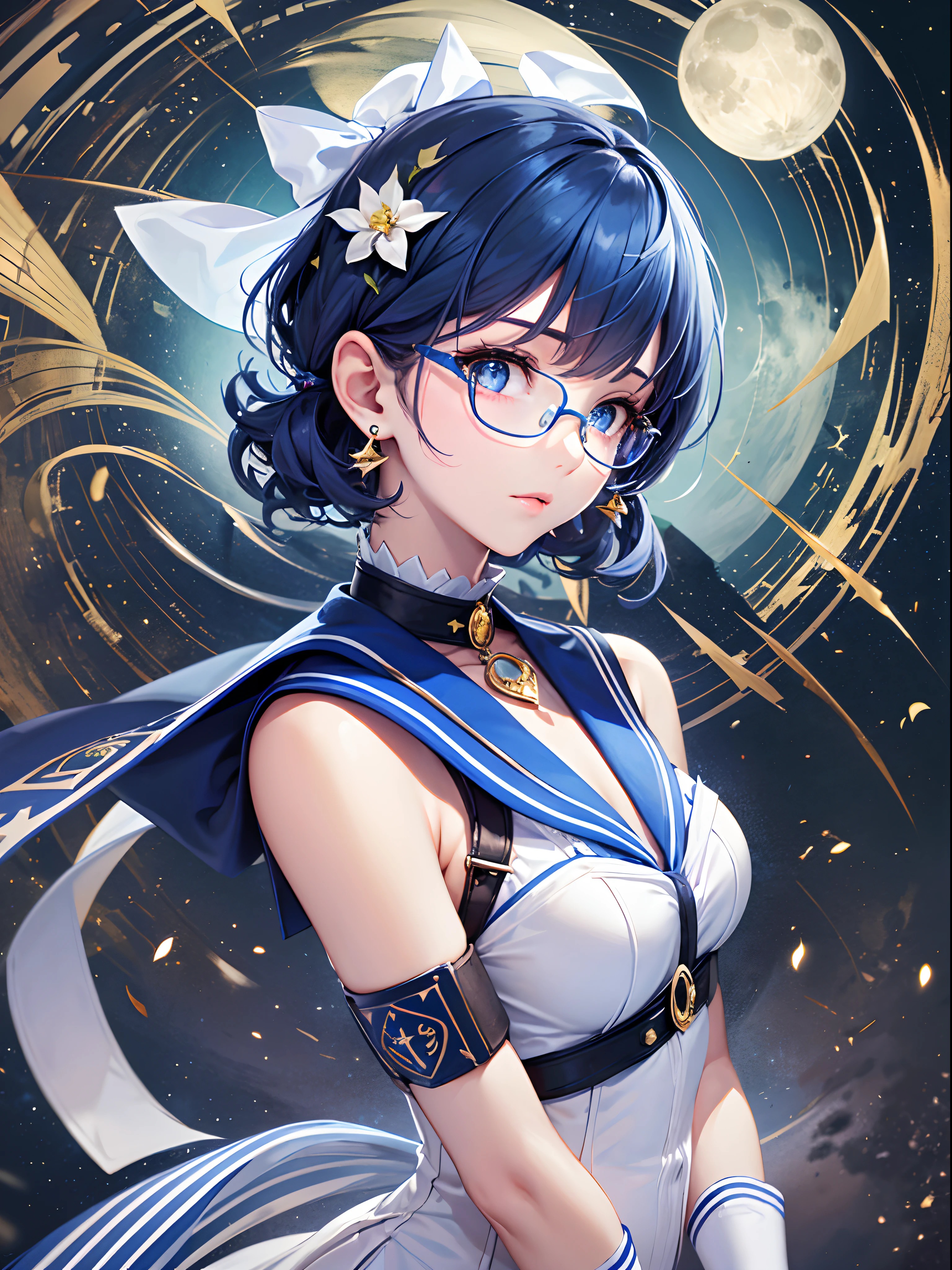 best quality,masterpiece,reality:0.4,1girl ,moonlight,under the moon,at night,full body shot,rich background,Ami Mizuno,Sailor Mercury,Sailor suit, magical girl, blue hair, blue pupils, glasses, gloves, boots,curly hair, short hair over the ears, earrings, soft girl, high heels, princess,Calm and quiet,bored of a kindly nature,White pure blue skirt, blue collar with white stripes, light blue bows on the chest and back skirt, pure blue round stones on the chest bow, white three-ringed shoulder harness, white V-shaped waist harness, white three-ringed gloves with blue trim, blue white-trimmed boots with half-heels, gold V-shaped stripes with oval sapphires, three light blue gemstone studs for the left ear and one for the right ear, and a collar with a pure blue sash