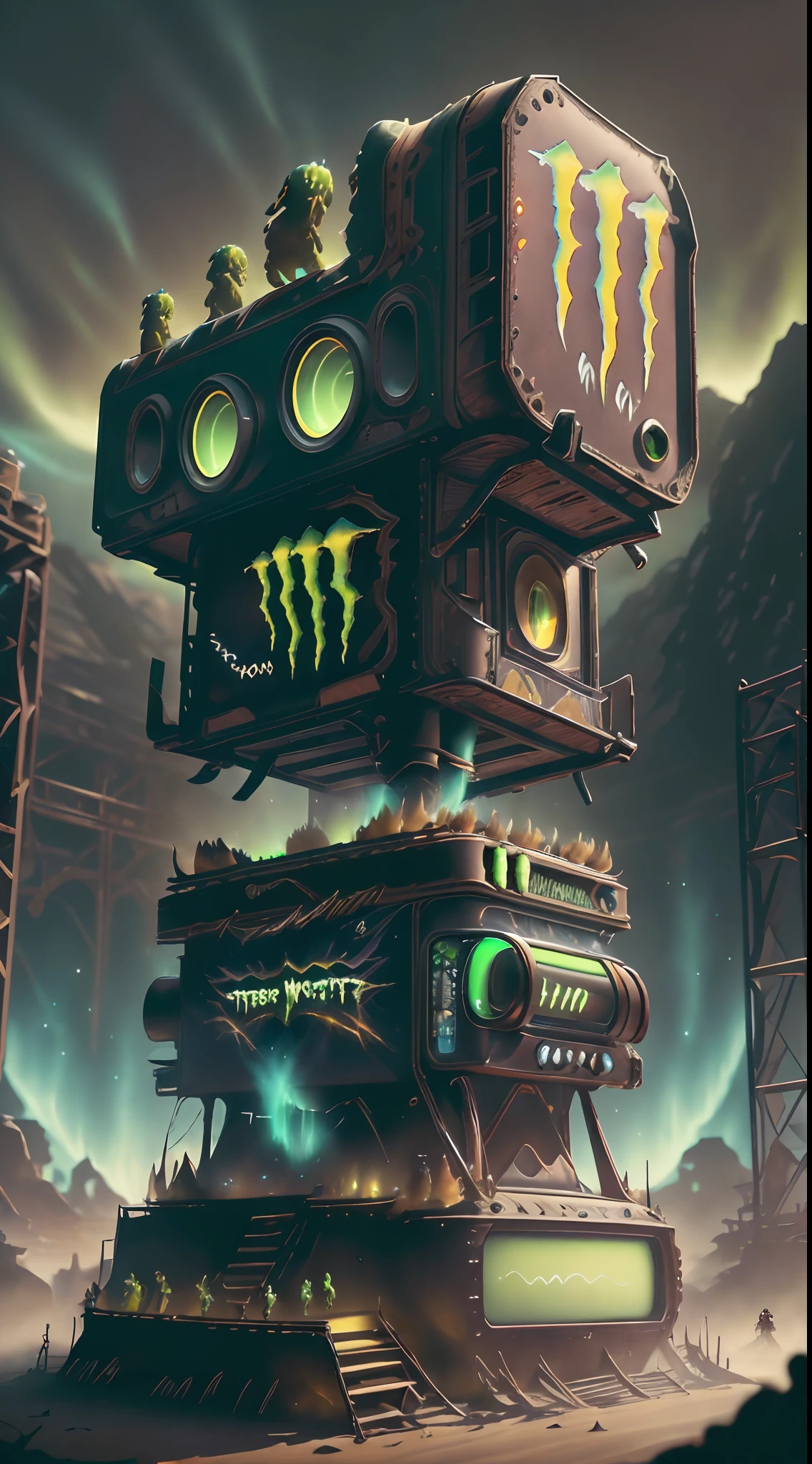 MonsterEnergyAI toaster , detailed, intricate, dancing in the air with monster minions, extremely detailed, high resolution, best quality, color realistic, vivid), 8 minions dancing in the air, gathering with friends, sitting in a classic char, admiring the scenery , extraterrestrial creatures, photography, on terrain, nebula sky, ((best silhouette)), best quality