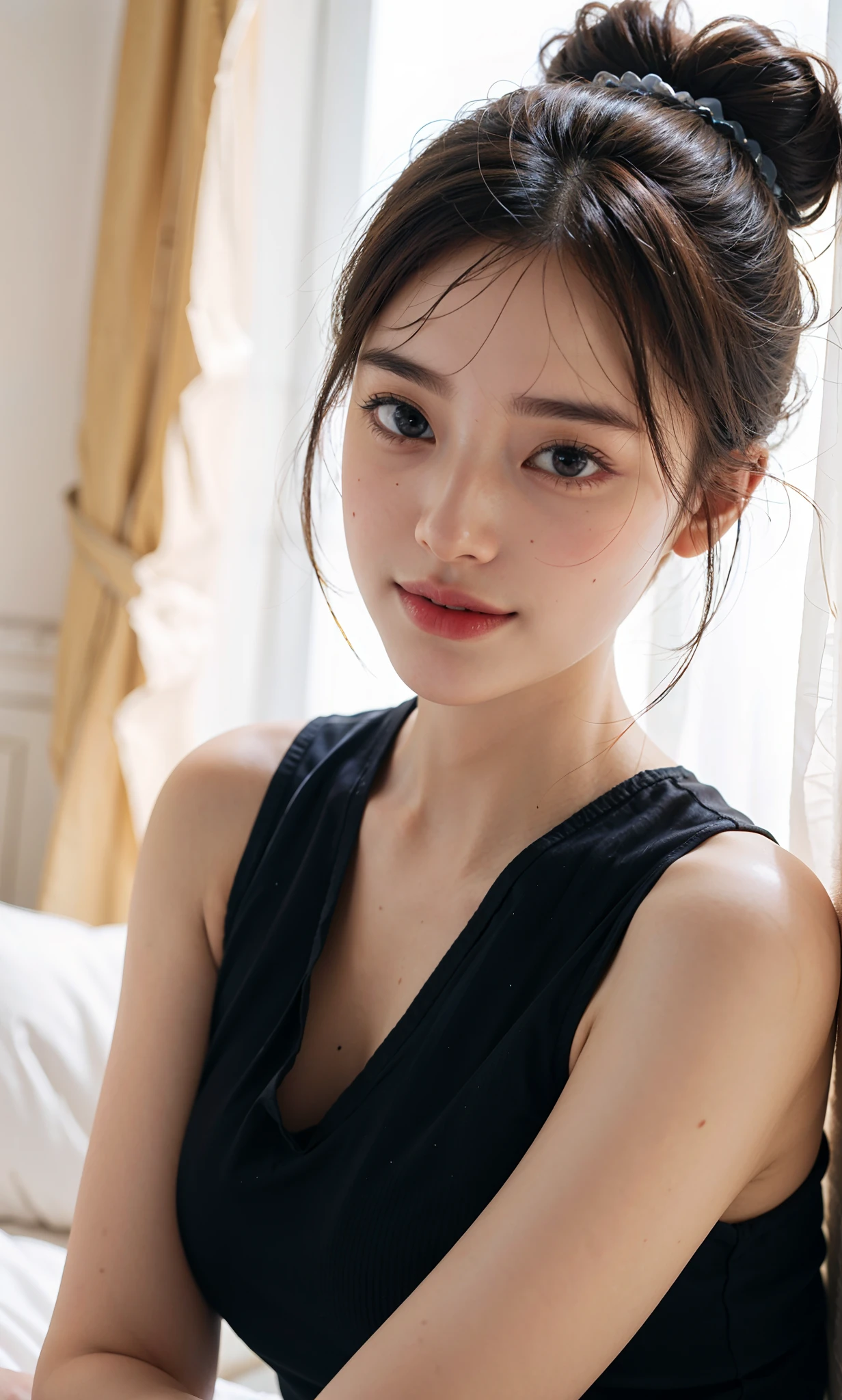top-quality、hight resolution、masutepiece、a picture、wall-paper、realisitic、Bright lighting、profetional lighting、face lights、Smooth lighting、japanes、bule、half、big sister、Adults、Beautuful Women、女優、modeled、gravure、idol、A sexy、wretched、Super beautiful、Beautiful skins、Beautiful and detailed eyes、Beautiful and detailed eyes、A detailed face、slim、large full breasts、short medium hair、brunette color hair、knitwear、