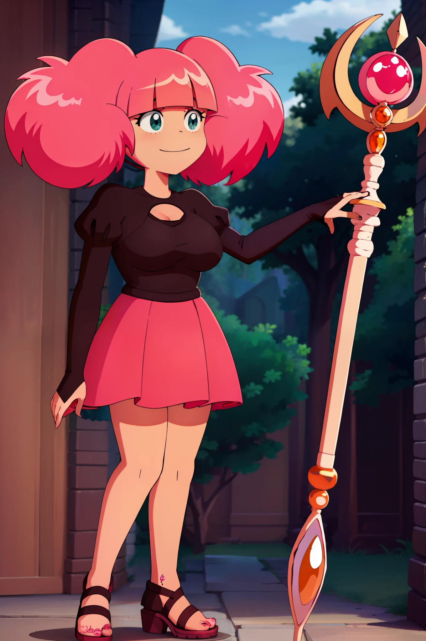 Rosemary, cheveux roses, avec grosse poitrine,smile, staff, full body standing, pink hair, tall, curvy, big breast, pullover, venus body