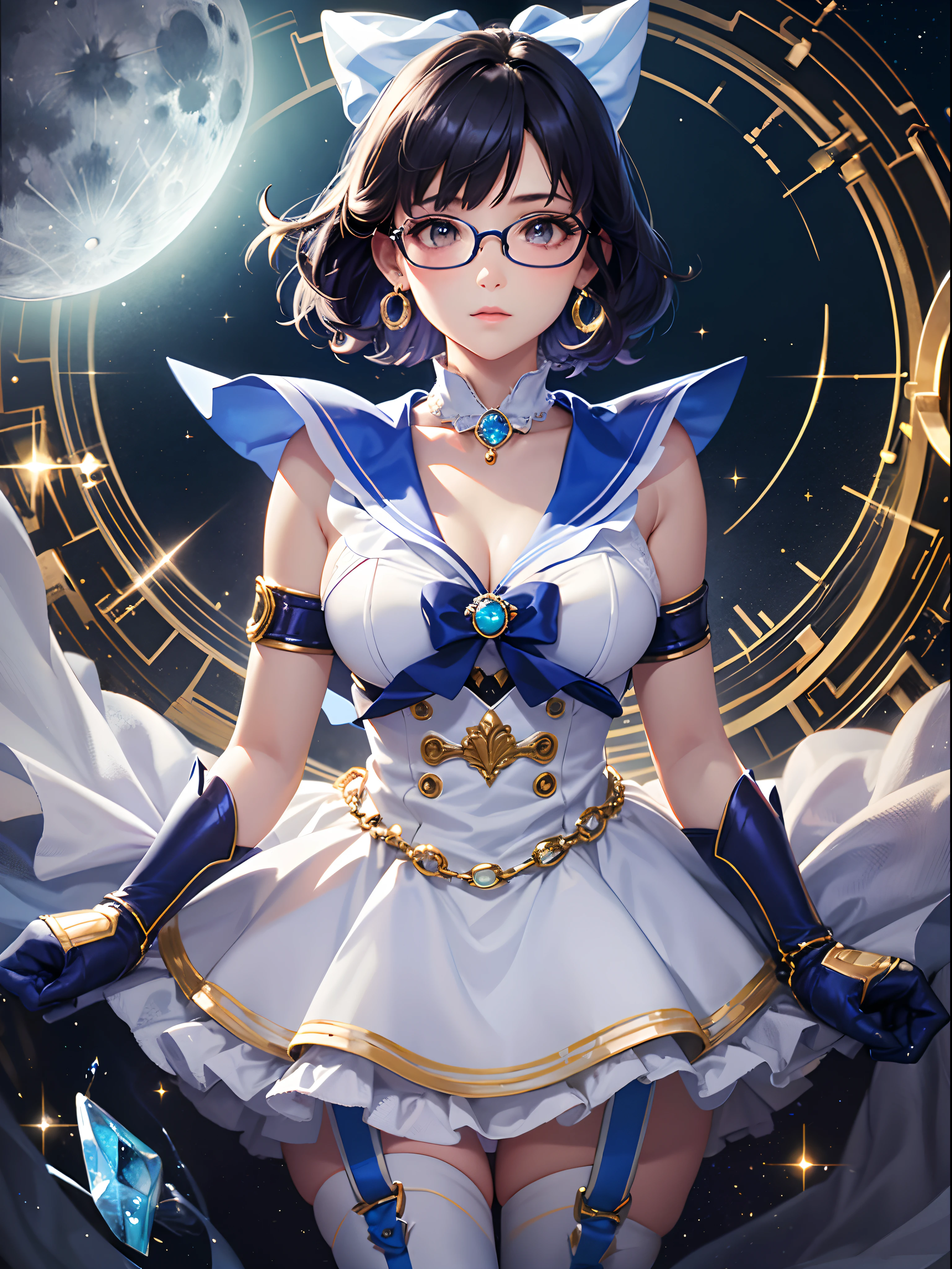 best quality,masterpiece,reality:0.4,1girl ,moonlight,under the moon,at night,full body shot,rich background,Ami Mizuno,Sailor Mercury,Sailor suit, blue hair, blue pupils, glasses, gloves, boots,curly hair, short hair over the ears, earrings,high heels, princess,White pure blue skirt, blue collar with white stripes, light blue bows on the chest and back skirt, pure blue round stones on the chest bow, white three-ringed shoulder harness, white V-shaped waist harness, white three-ringed gloves with blue trim, blue white-trimmed boots with half-heels, gold V-shaped stripes with oval sapphires, three light blue gemstone studs for the left ear and one for the right ear, and a collar with a pure blue sash