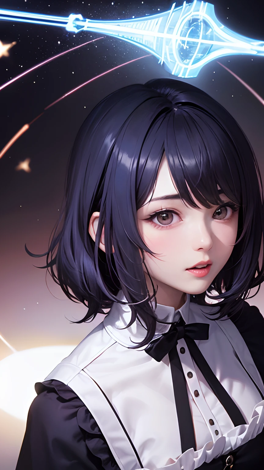 (masterpiece、top-quality、hight resolution、Official art、Beautifully Aesthetic:1.2)、(1girl in)、ighly detailed、(Photorealsitic:1.4)、((Perfect hairstyles:1.3)), (◯◯Color hair:1.4), Realistic、colourfull、highestdetailed、face perfect、The upper part of the body、nffsw、(doa:1.3)、(Maids:1.2)、intergalactic、(light streaks)、striking visuals、(Dynamic streaks、Bright trajectory:1.2)、vivd colour、