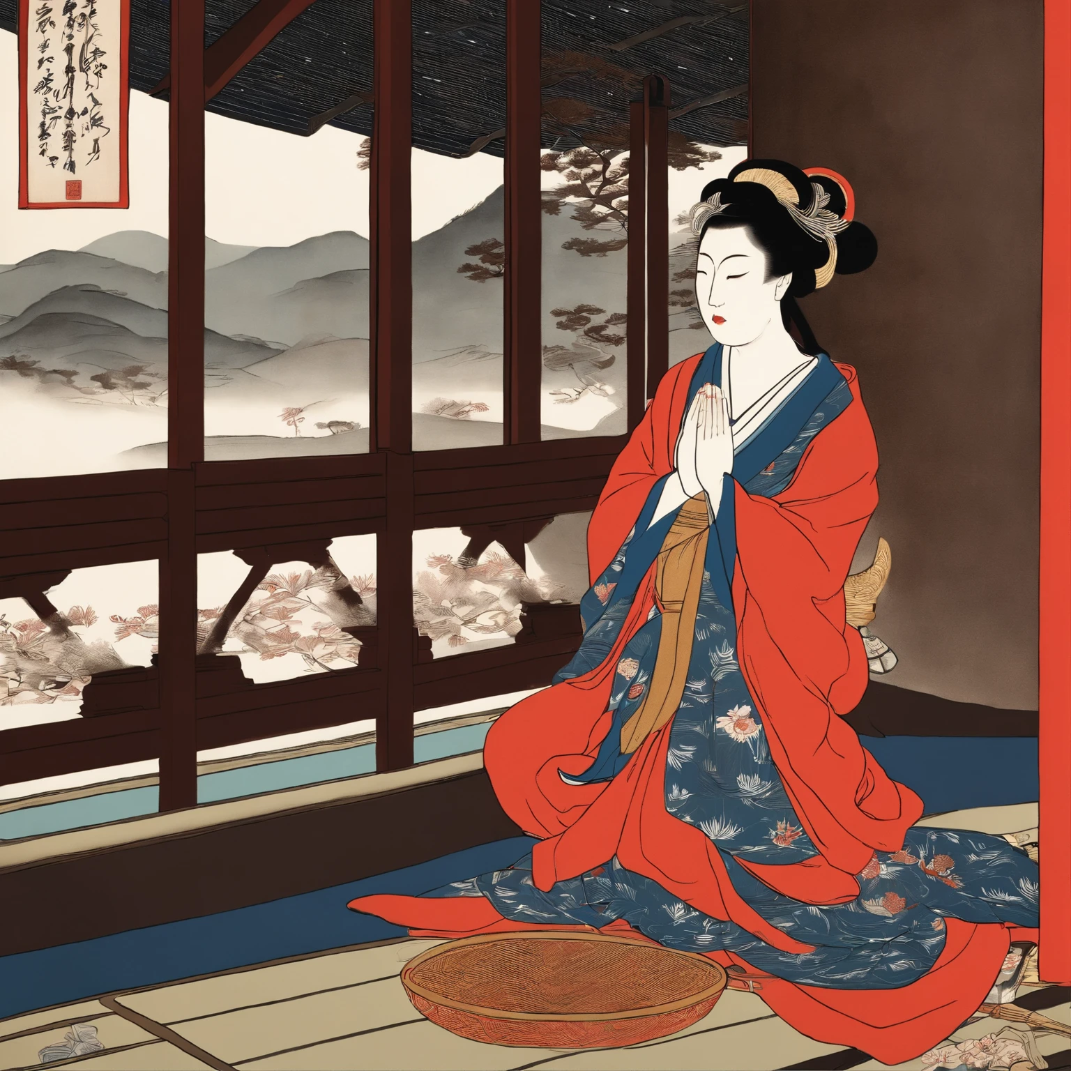 Full body、masutepiece、top-quality、ukiyoe painting　Sharaku　Monastic Woman Praying