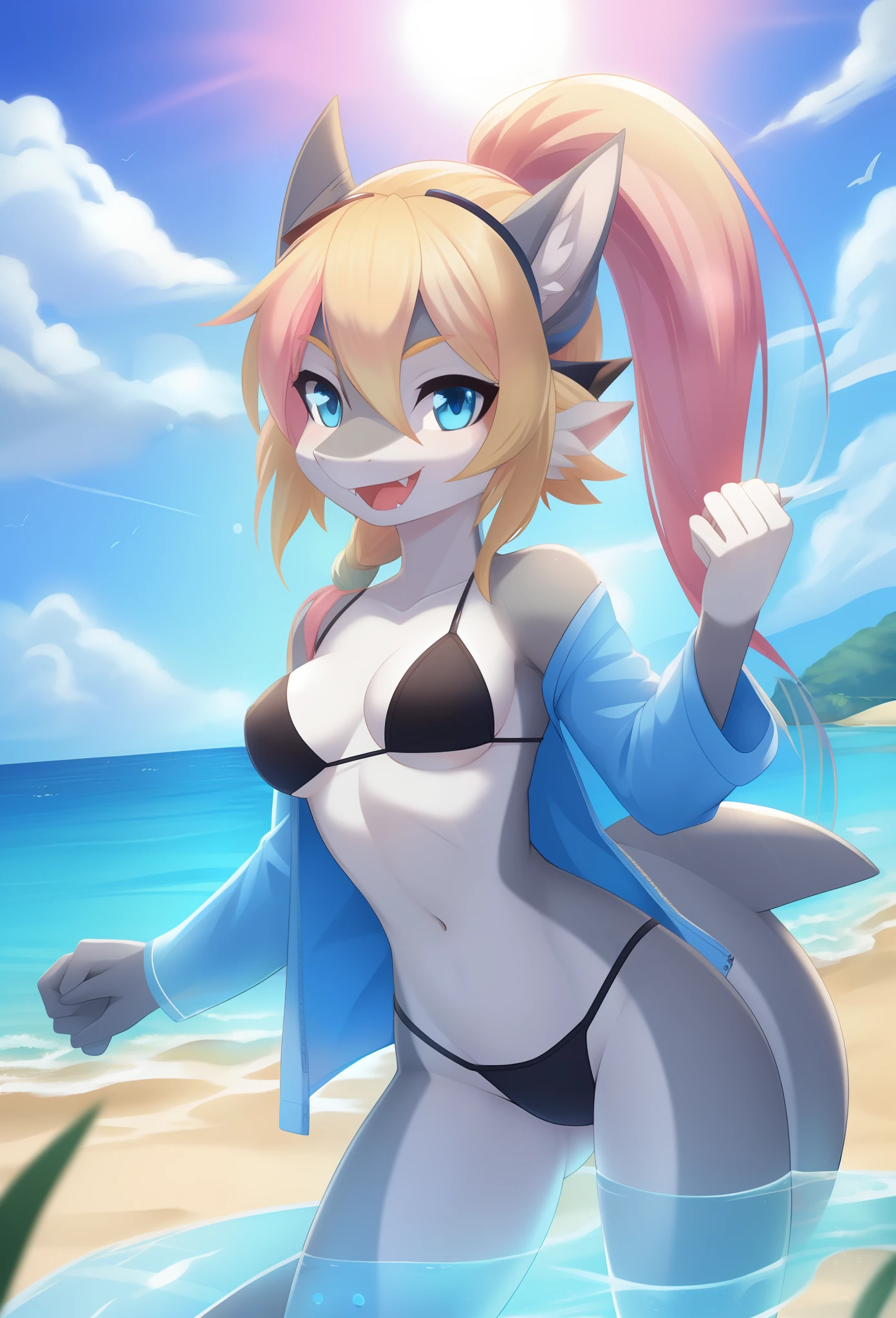 Furry girl, shark, cute hair, long ponytail, two tone hairstyle, blonde hair, pink hair, blue eyes, medium breasts, detailed body fur, blue vest, open clothes, black micro bikini, masterpiece, looking at you, two tone body fur, gray body fur, clear gray body fur, detailed face, detailed eyes, detailed body, beach, clear sky, detailed hands, glistering body, skinny, magic water on palm hands, Magic water, spectacular effect, sun goggles, :D, fangs,