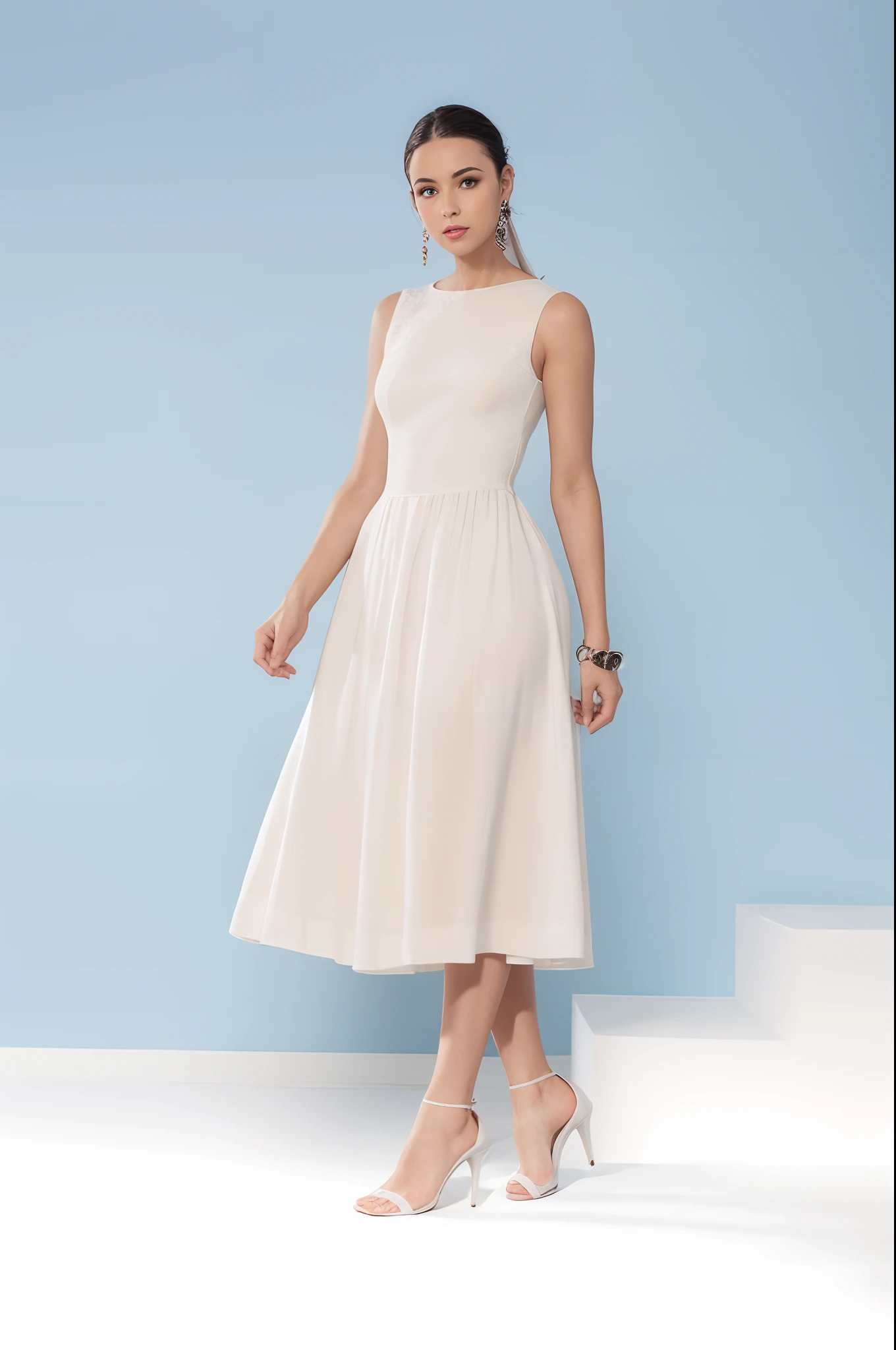 a woman in a white dress standing on a white step, vestido creme simples, vestido branco elegante, vestido branco longo, white summer dress, vestido em voile, vestido elegante, usando vestido cor marfim, deslumbrante vestido de marfim, vestido branco, vestido longo feminino, vestido, Decollete elegante, Vestido de sol branco, vestido branco antigo, vestido elegante, vestido sofisticado