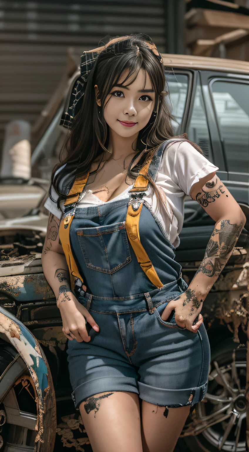 ((Best quality)), ((Masterpiece)), (Detailed), A charming and seductive female mechanic covered in grease,confident smile,sitting down on the floor,With a worker's cap,Wear suspender denim shorts(Dirty and rough charm:1.2), (Tough and confident demeanor:1.1), (Mechanical expertise:1.3), Disheveled hair, smudged face,With a playful smile, Stained overalls clinging to her curves, (Tenacious trading tools:1.2), Cluttered repair shop, Scattered car parts, (Authentic car atmosphere:1.2), (Strong gaze:1.1), The hand was soiled with a wrench, 8K resolution,looking at another, looks away,( tattoo:1.2), Masterpiece, Best quality,Photorealistic, Ultra-high resolution, Photographic light
