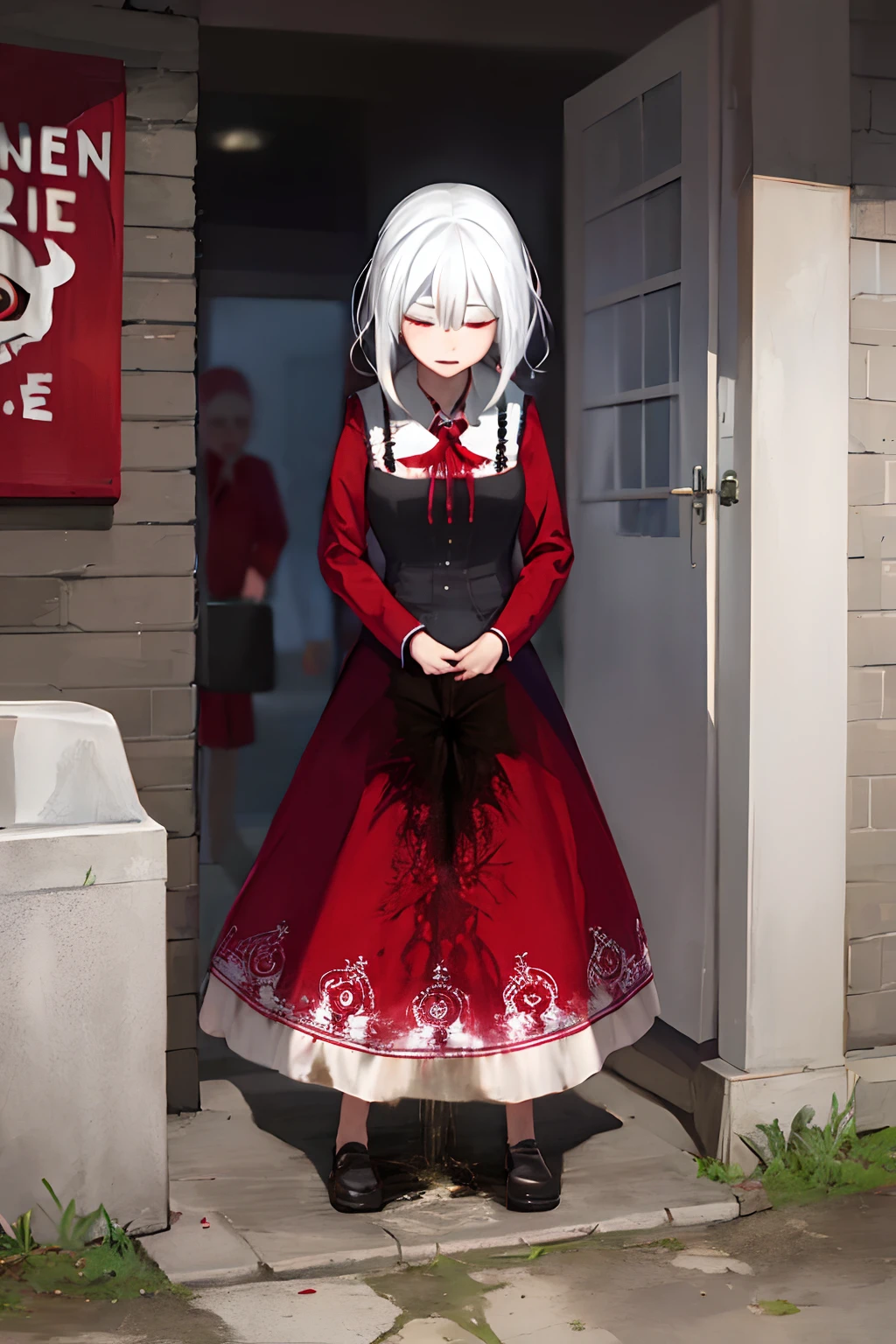 woman, white hair, red day of the dead dress, ((peeing stain)), worried, standing