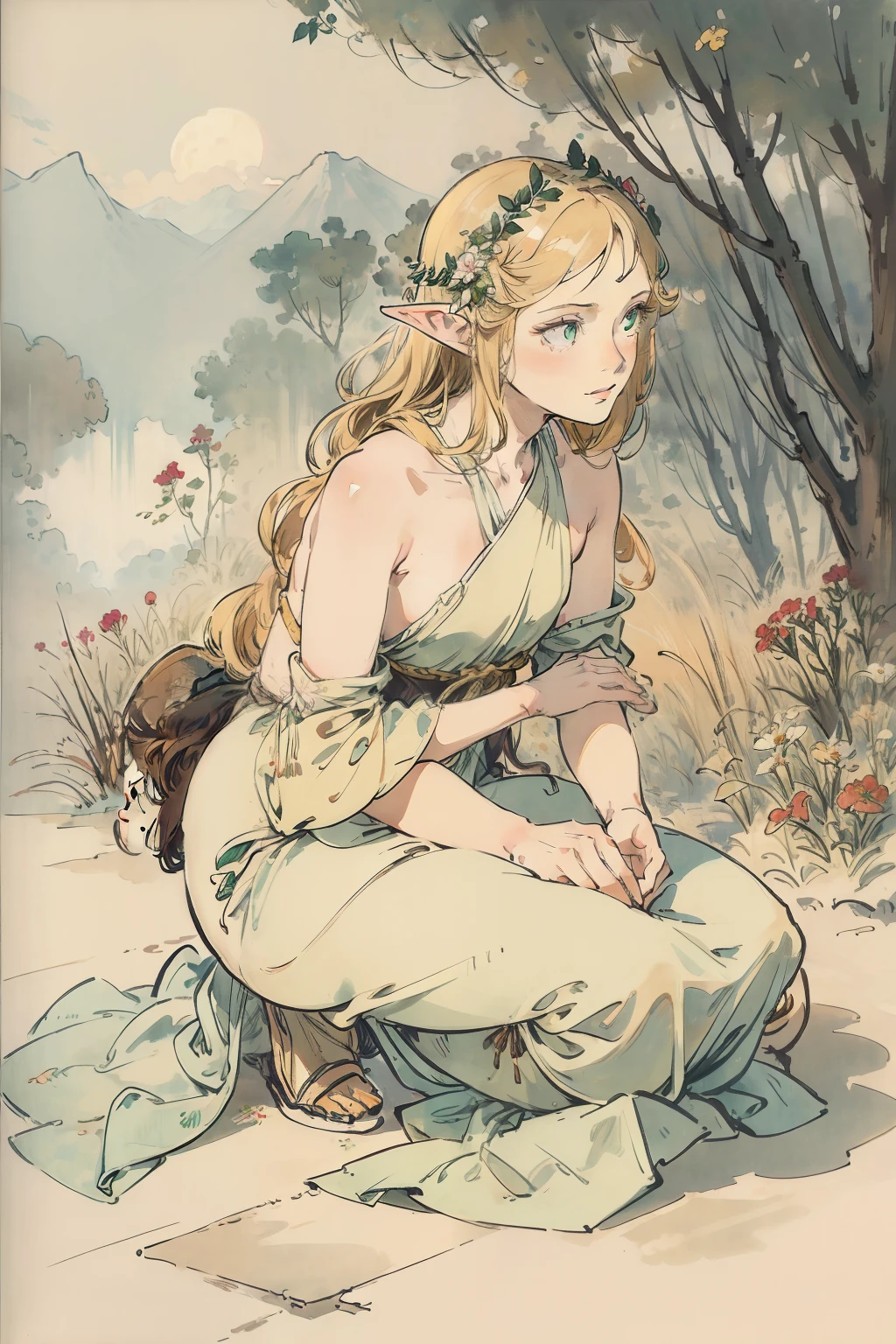 SFW,masutepiece, Best Quality, High resolution, 1girl in, Full body, Details Girl, detail hands, Detail fingers, Detail Face, detail legs, 1girl in, elf, Looking down, Flower Garden, Black sky, smog, watercolor paiting, pale skin, Petite, Blonde hair, Long hair, Wavy Hair, saddened, mournful smile, Green eyes, tareme, medium breasts, white sundress, Bare back, Kneeling, Planting trees