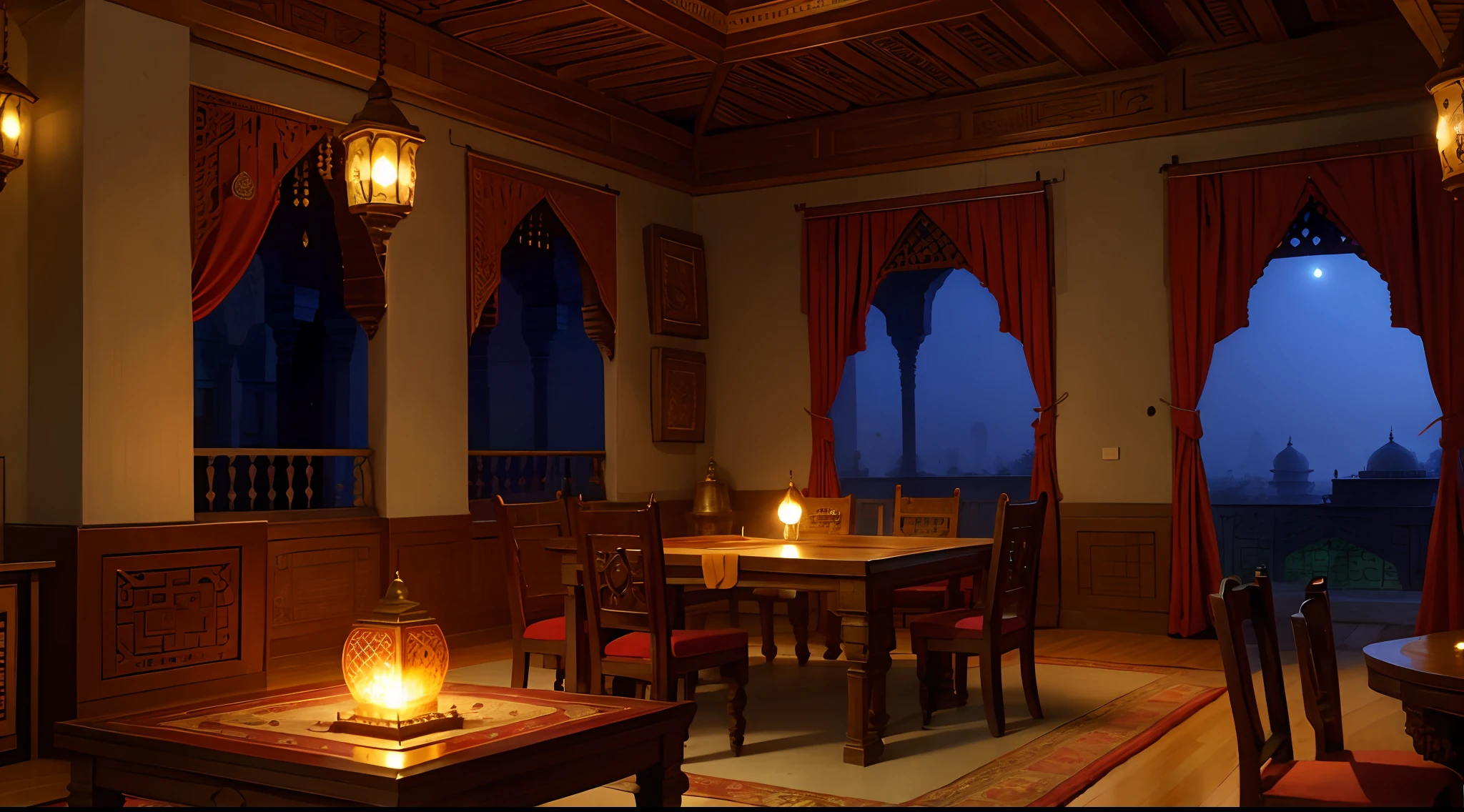 Hookah Room, India, Bharat, indian style, indo-muslim style, mixture of muslim and indian style, 15th cenutry, medieval age, interior, outside the mansion is India random scenery, muslim carpet, indian or hinduism furnitures, india element in architecture, hinduism elements in architecture, humid and wet, wooden furniture, leisurement