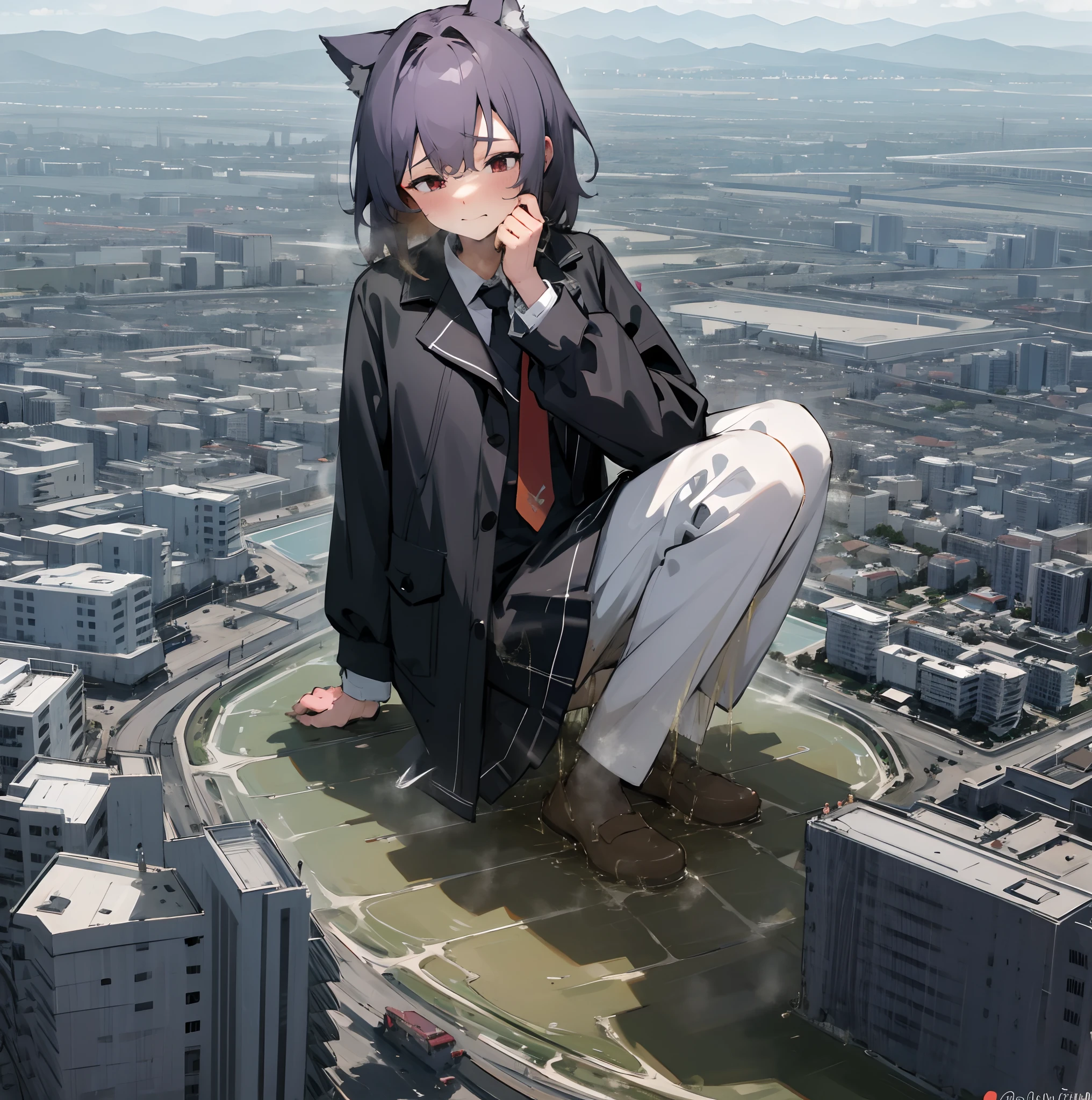 NSFW,Clouds, view over city, mountain ranges, the sea,Masterpiece, Best quality, Highly detailed,Masterpiece,Best quality,offcial art,Extremely detailed Cg Unity 8K wallpaper,{{{Giantess}}},Giant,1girll,A giantess 1000 meters tall,modern miniature city,Mare,Peeing,No shoes,{Black stockings},Black jacket with white shirt ,Blue tie,Dark gray hair,Wolf ears,Light red eyes,A cold expression,Squat,Be red in the face,Comfortable expression,diaper,pissing,urine,Nourishes urine,urine squirting,Urine emits steam,Squat in modern miniature cities to pee ,Tail,soaking feet,Contact viewers,white panties,The feet emit steam,Smash the city,The city is full of urine,