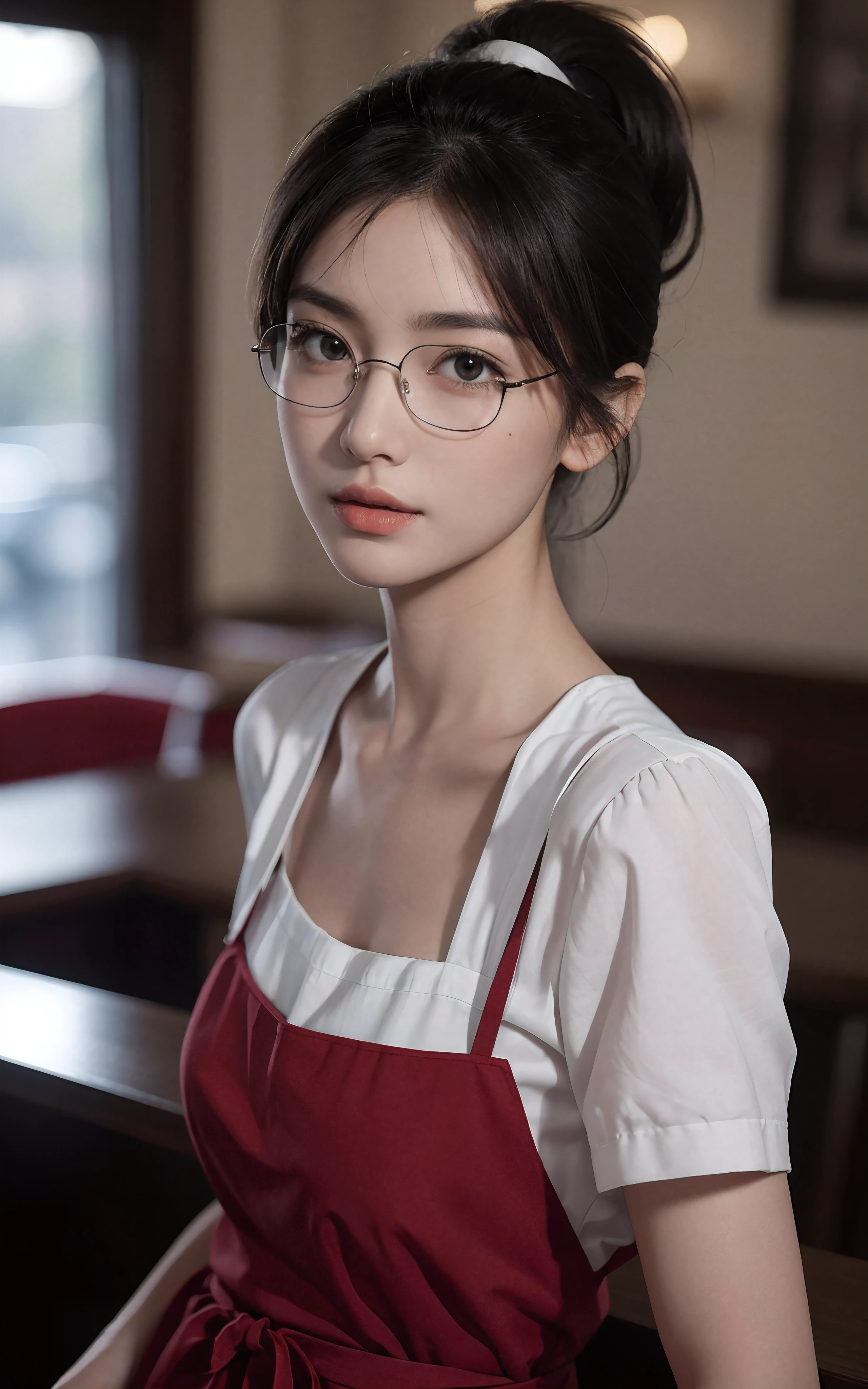 Masterpiece, best picture quality, high quality, beautiful asian woman, medium chest, slender, thin lips, monolid upturned eyes, oval shaped face, short narrow protuding chin., detailed, detailed eyes, detailed skin, beautiful skin, ultra high resolution, (reality: 1.4),very beautiful, slightly younger face, beautiful skin, slender, (ultra realistic), (highresolution), (8K), (very detailed) (beautifully detailed eyes), (super detailed), (wallpaper), (detailed face), looking at viewer, fine details, detailed face, button nose, eyeglasses, , sexy, red waiter and apron outfit (red), looking straight ahead, looking straight ahead, angle from waist up, background inside restaurant, realistic photo, bright lighting, professional lighting, early 30 woman, (ponytail haircut, swaying in the wind, Bangs),