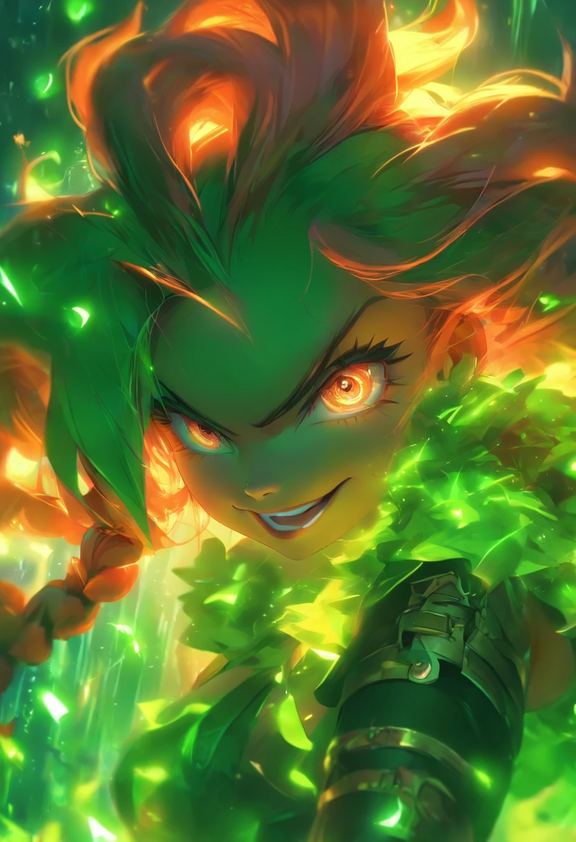 chica anime pelo rizado flouresente brillante, Color Purple Neon Orange Neon Neon 繪畫,Jackals,Leprechaun core,Fantasy leprechauns,Leprechaun Art Leprechaun Girl,masterpiece,Best quality,Portrait of the face,Round steampunk glasses,Green skin,Treacherous expression,wisdom,Whole body lesbian,Neat clothes,mothers,Redhead,goodness,evil, Evil gas, moor, appearance, knave, enemy, goblin girl, Green skin, Green skin, Dark green skin, Leprechaun complexion, Red hair coloring, Reddish-brown hair, Bright red hair, Vibrant hair color, Highlight your tongue, Lovely, Young women, handsome, prette,