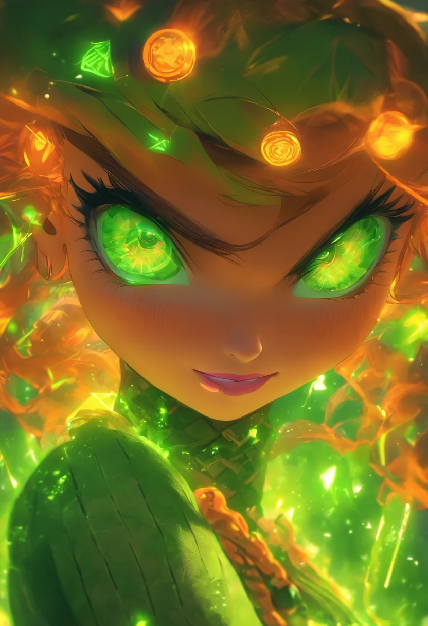 chica anime pelo rizado flouresente brillante, Color Purple Neon Orange Neon Neon 繪畫，Jackals，Leprechaun core，Fantasy leprechauns，Leprechaun Art Leprechaun Girl，​masterpiece，Best quality，Portrait of the face，Round steampunk glasses，Green skin，Treacherous expression，wisdom，Whole body lesbian，Neat clothes，mothers，Redhead，goodness，evil, Evil gas, moor, appearance, knave, enemy, goblin girl, Green skin, Green skin, Dark green skin, Leprechaun complexion, Red hair coloring, Reddish-brown hair, Bright red hair, Vibrant hair color, Highlight your tongue, Lovely, Young women, handsome, prette,