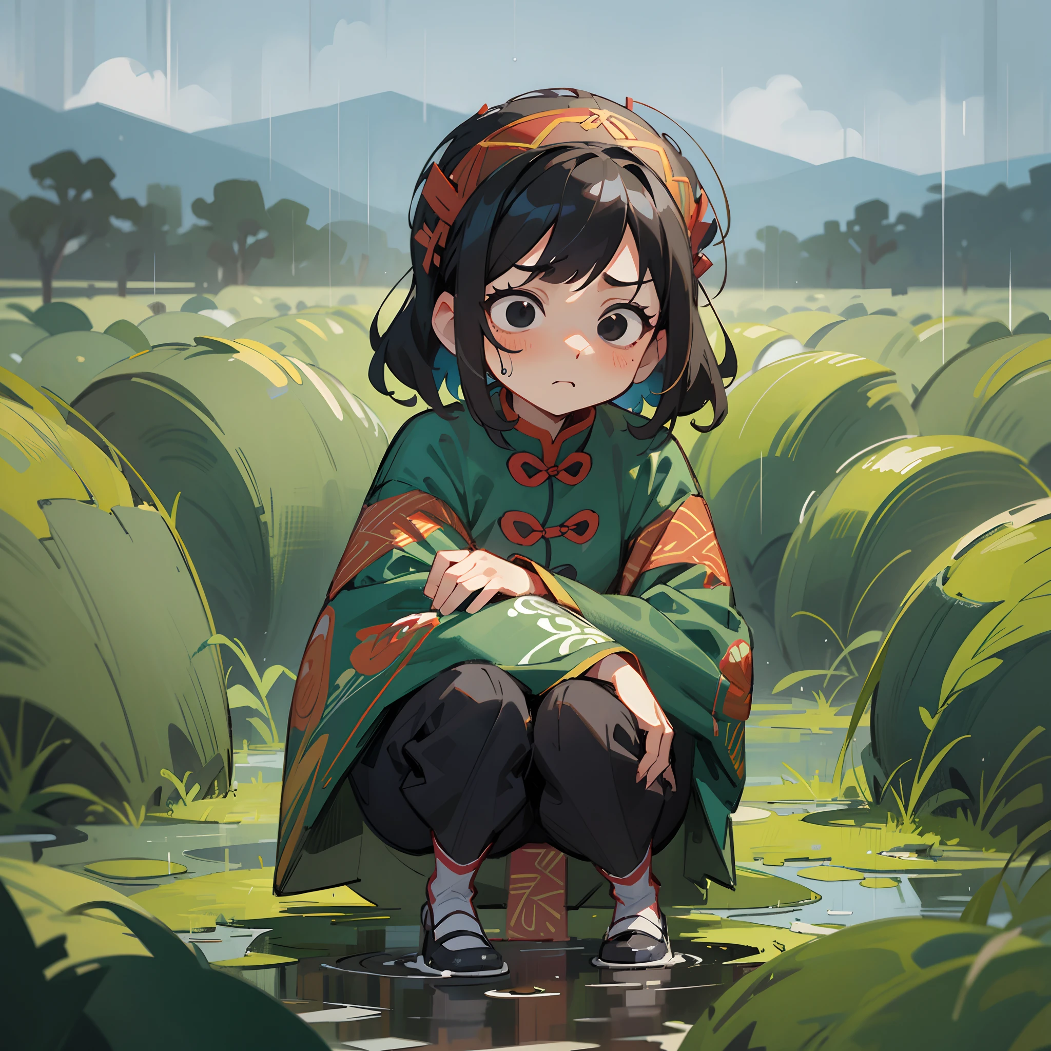 tmasterpiece,high qulity,ember,children's,Black hair and black eyes,oil painted,Rural background,Chinese children's clothing,scare,squatting pose,rained,Sad, puzzled expression,Folk horror comics
